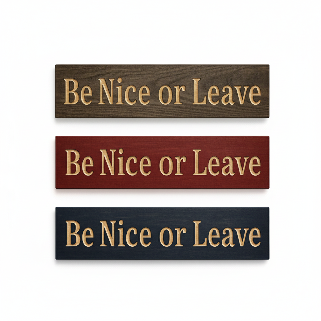 Three “Be Nice or Leave” wooden signs in walnut, barn-red, and navy finishes – handmade farmhouse wall décor
