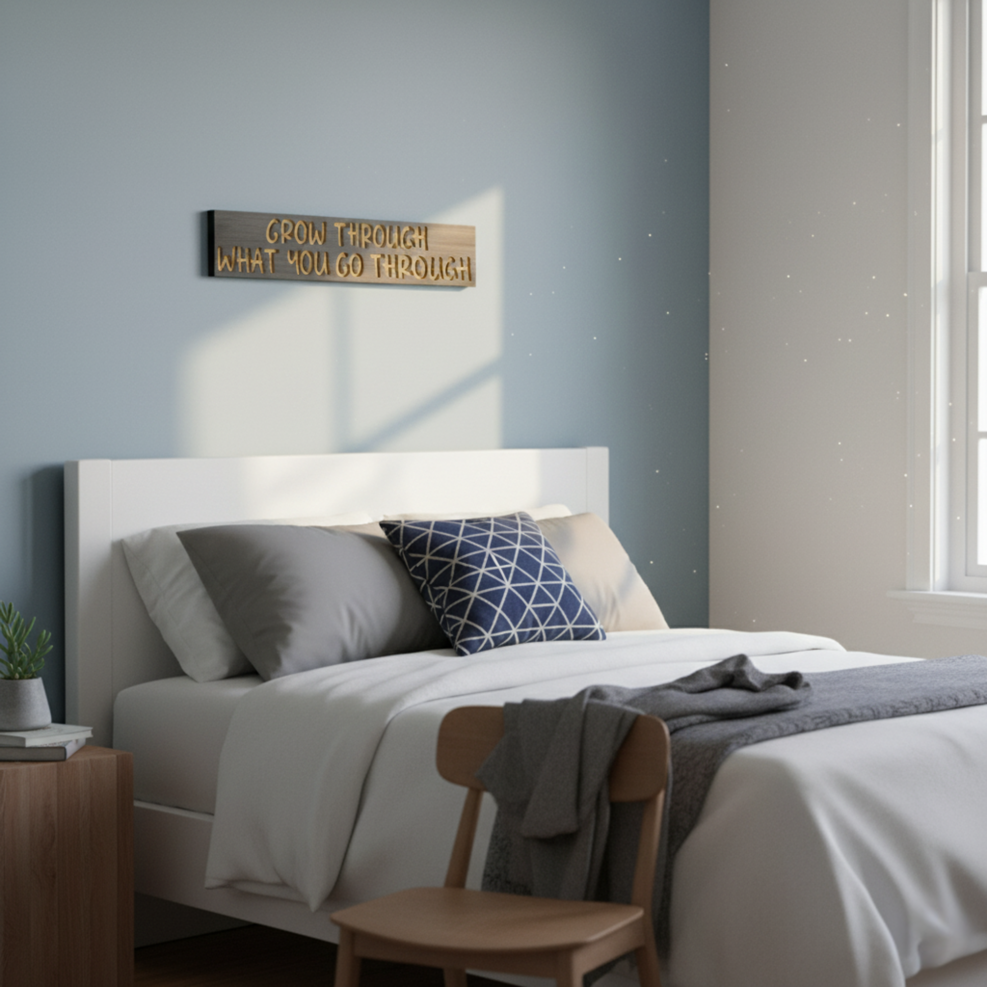 Bedroom wall art installation of the “Grow Through What You Go Through” carved wood sign above a bed.