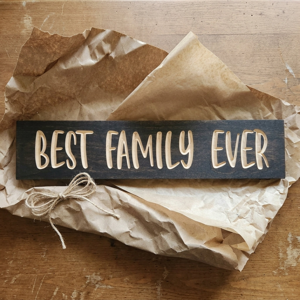 The Best Family Ever Sign rests on crumpled brown paper and a wooden surface, ready for gifting