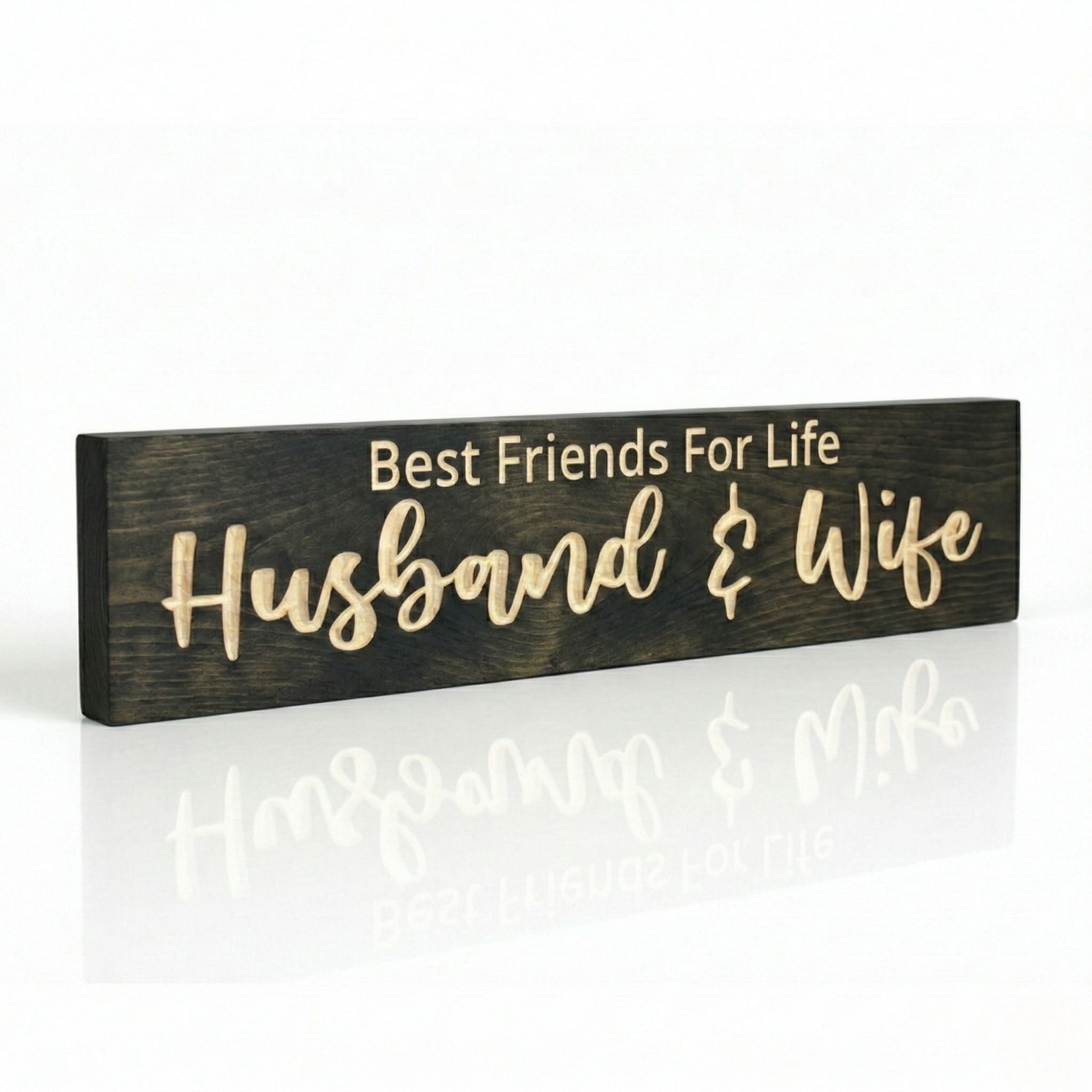 Handcrafted "Best Friends For Life Husband & Wife" solid wood wall art for home decor, featuring a deep 3D carved relief by Bluegrass Gifts.