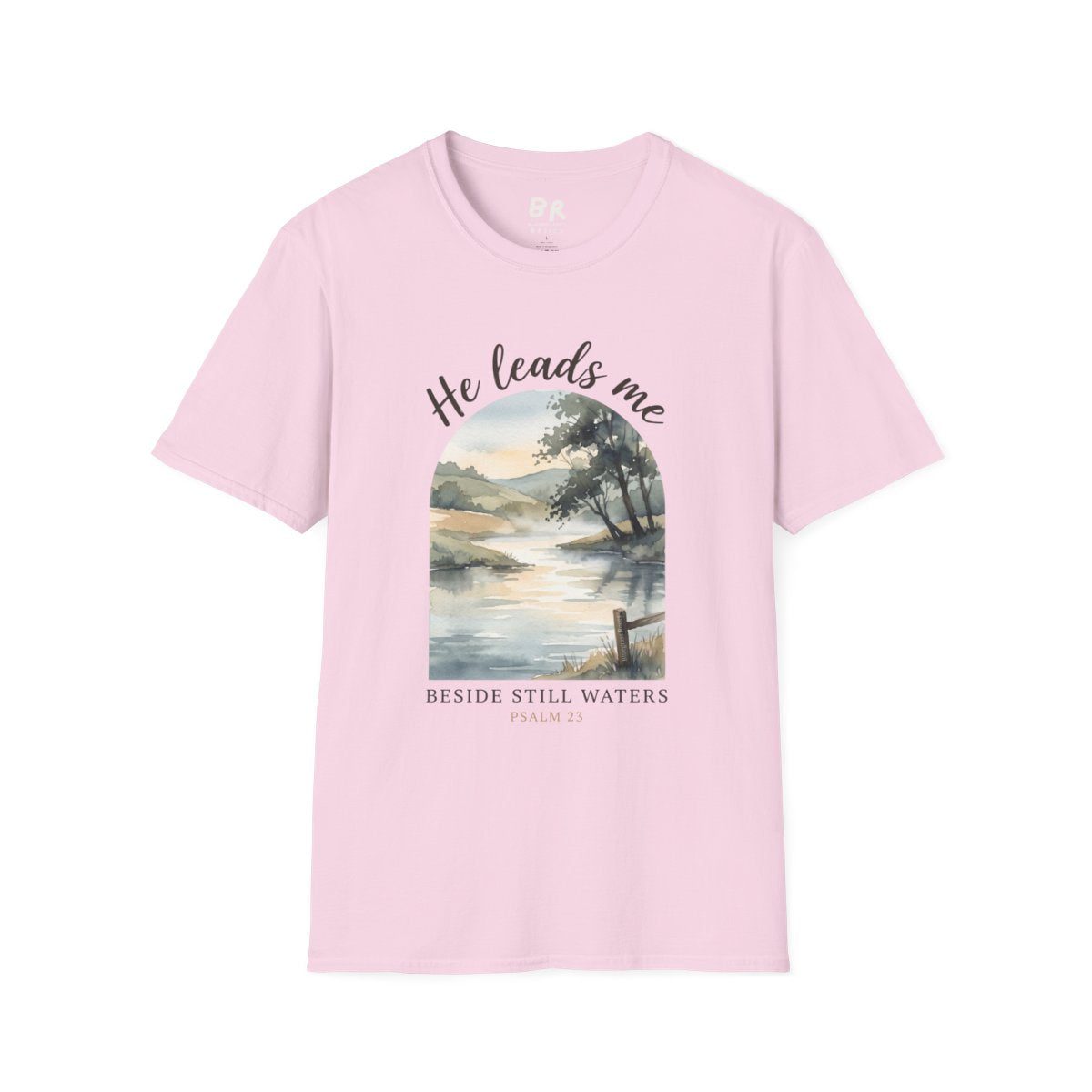 Bible Verse Shirt — Psalm 23 "Still Waters" Watercolor Tee in Light Pink