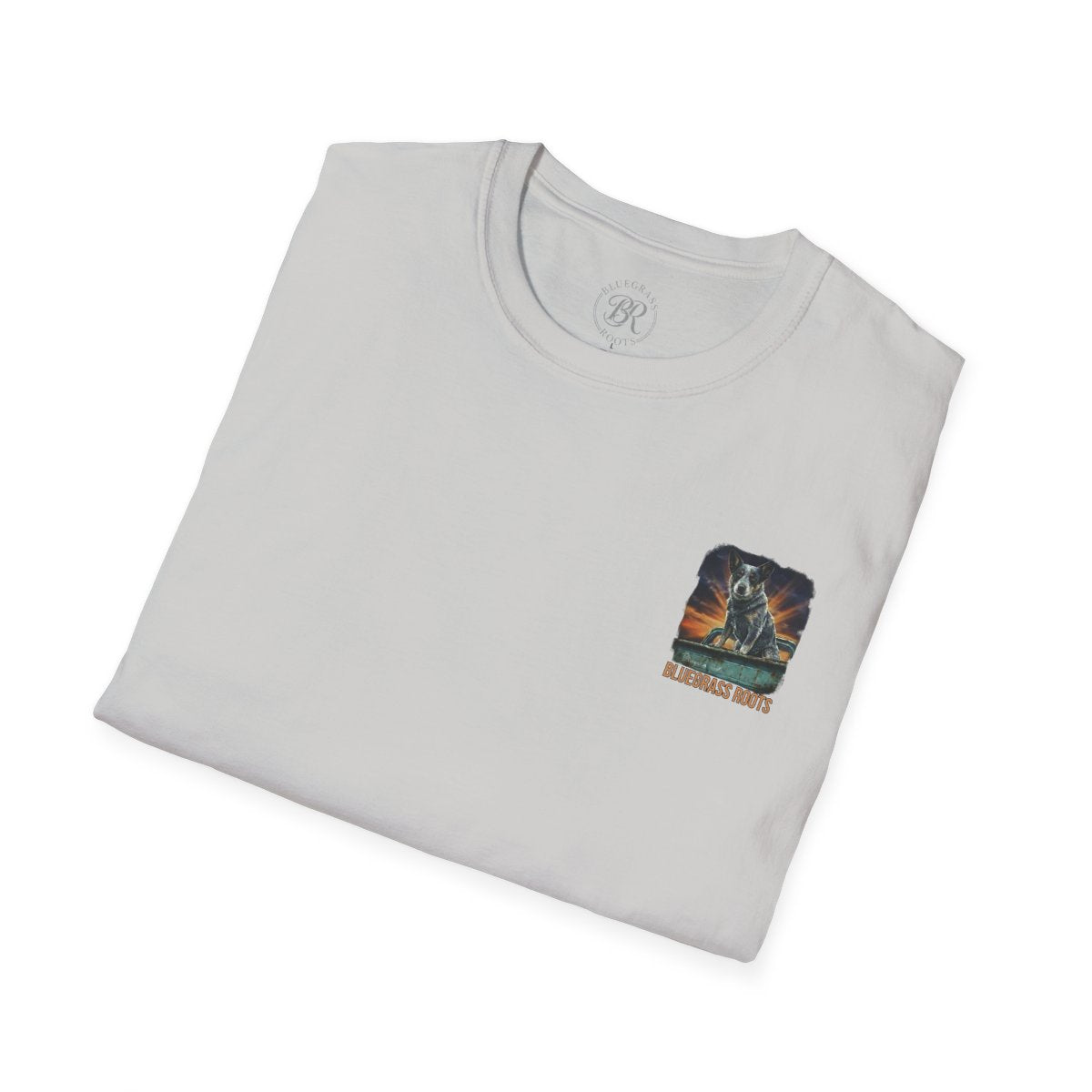 A white Blue Heeler Shirt is neatly folded, displaying the dog and vintage truck design on the left chest