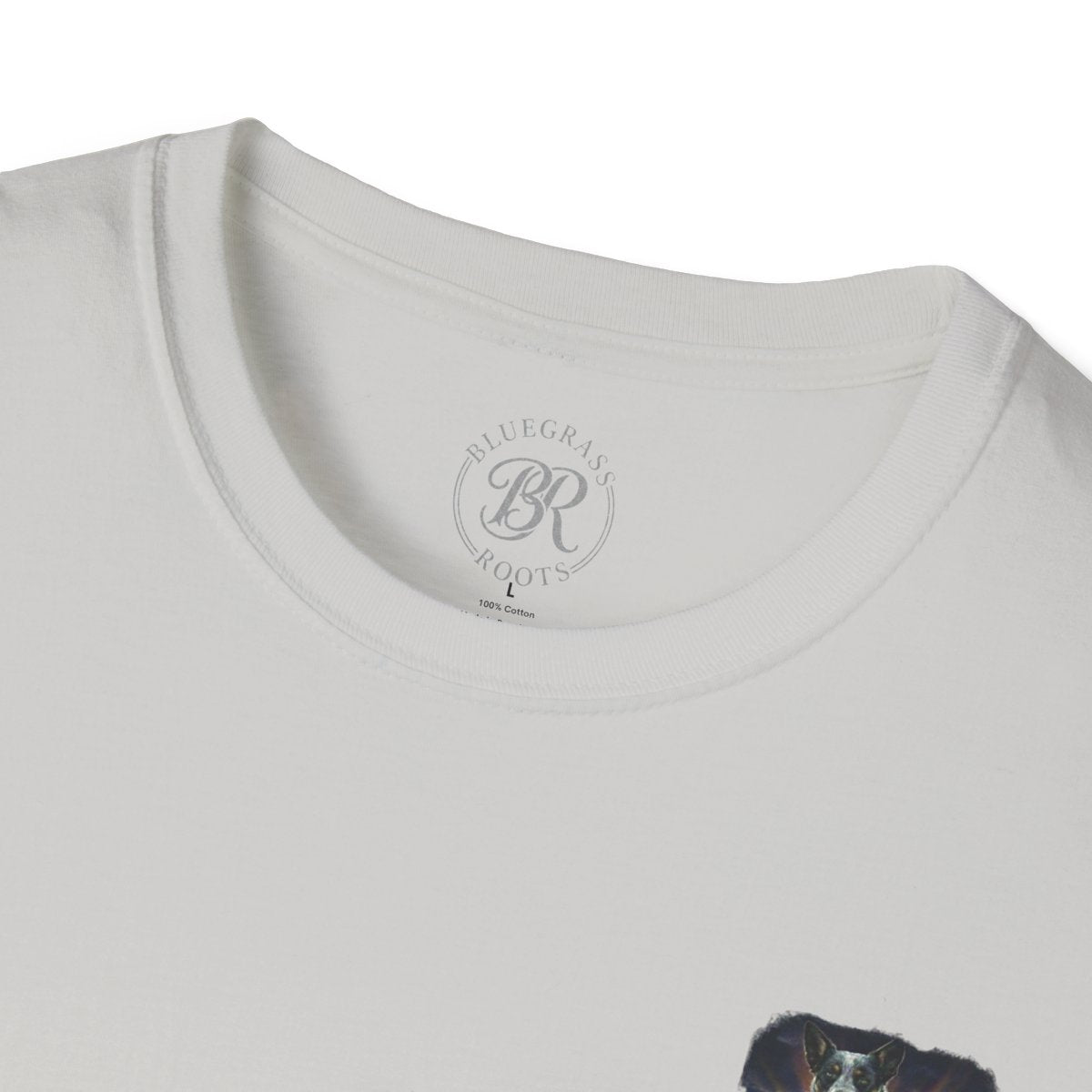 A close-up of the white Blue Heeler Shirt collar with the 'Bluegrass Roots' logo tag