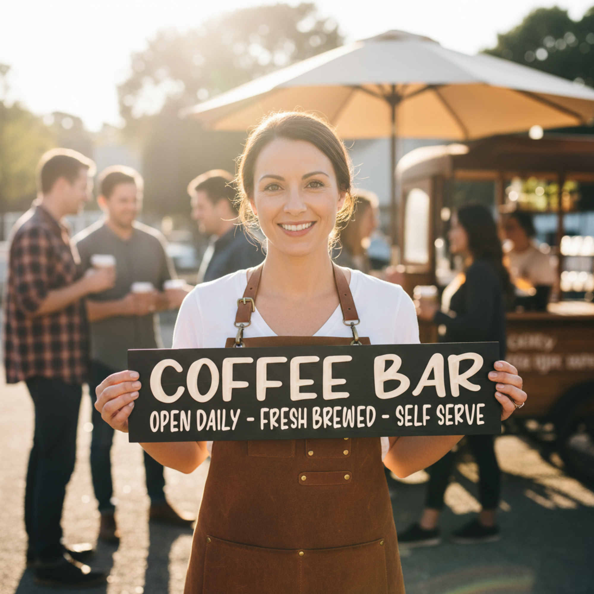 A smiling female artisan holding the "Coffee Bar" sign, emphasizing the "Handmade in Kentucky, USA" brand story.