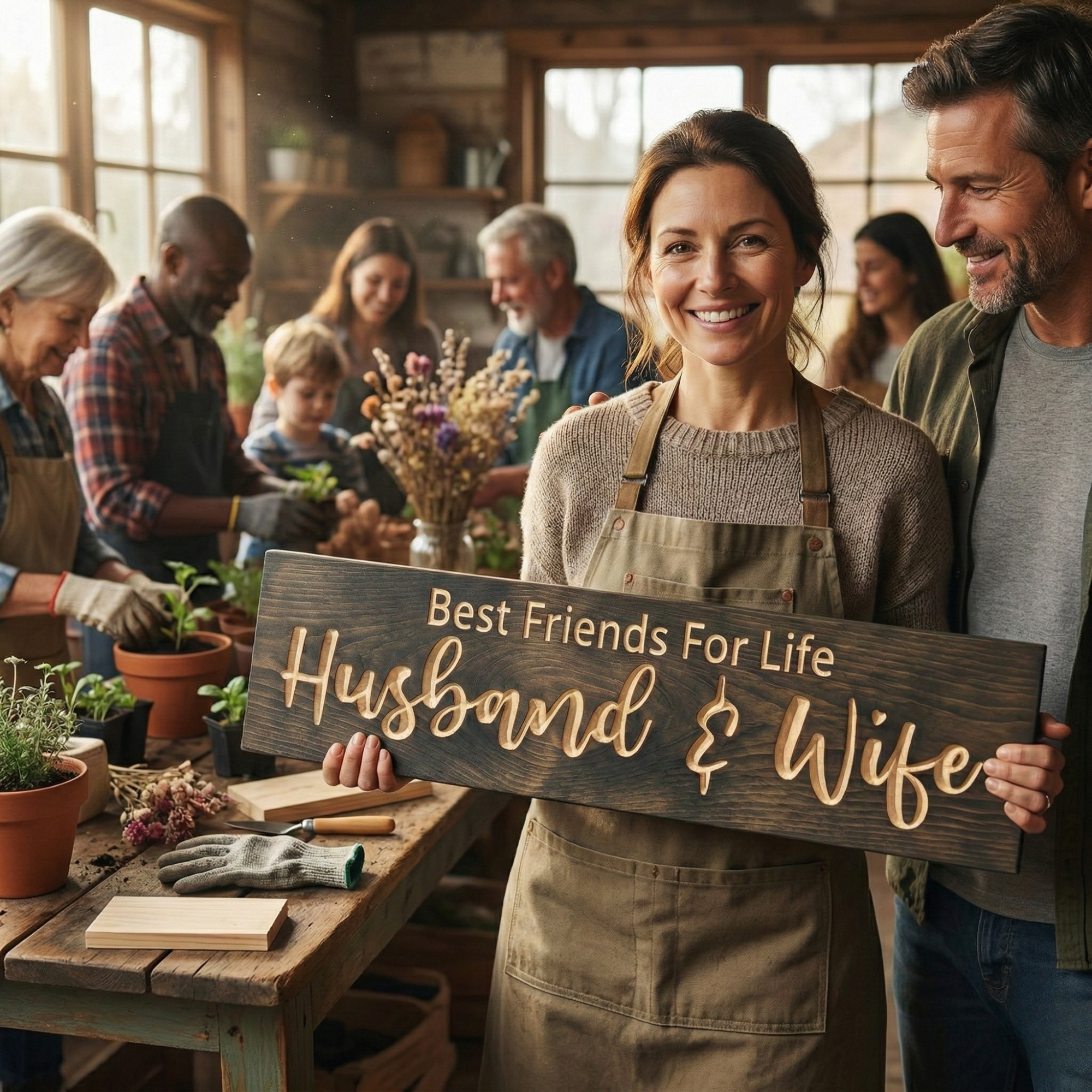 A smiling Kentucky craftsman holding a handcrafted "Best Friends For Life Husband & Wife" wood sign in a sun-drenched workshop filled with greenery.
