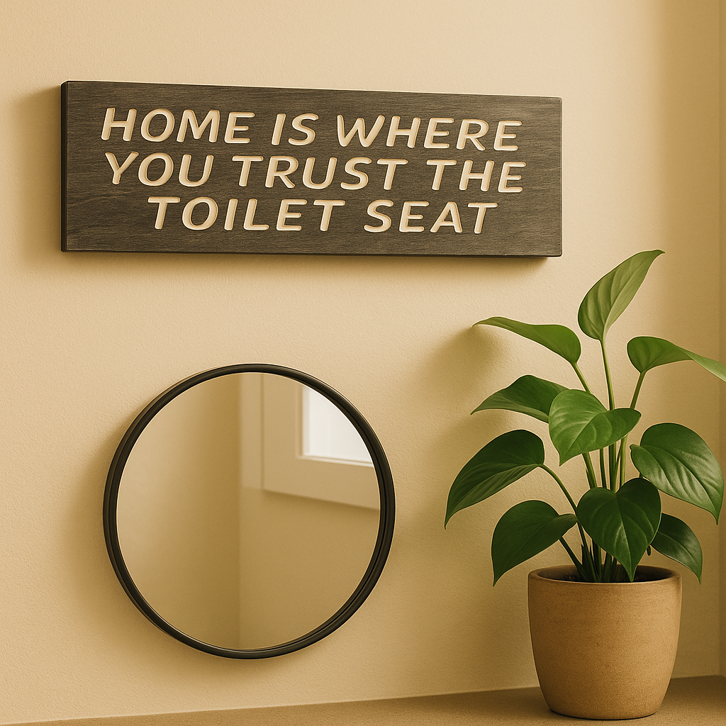 Funny farmhouse wooden bathroom quote sign styled in powder room with mirror and plant.
