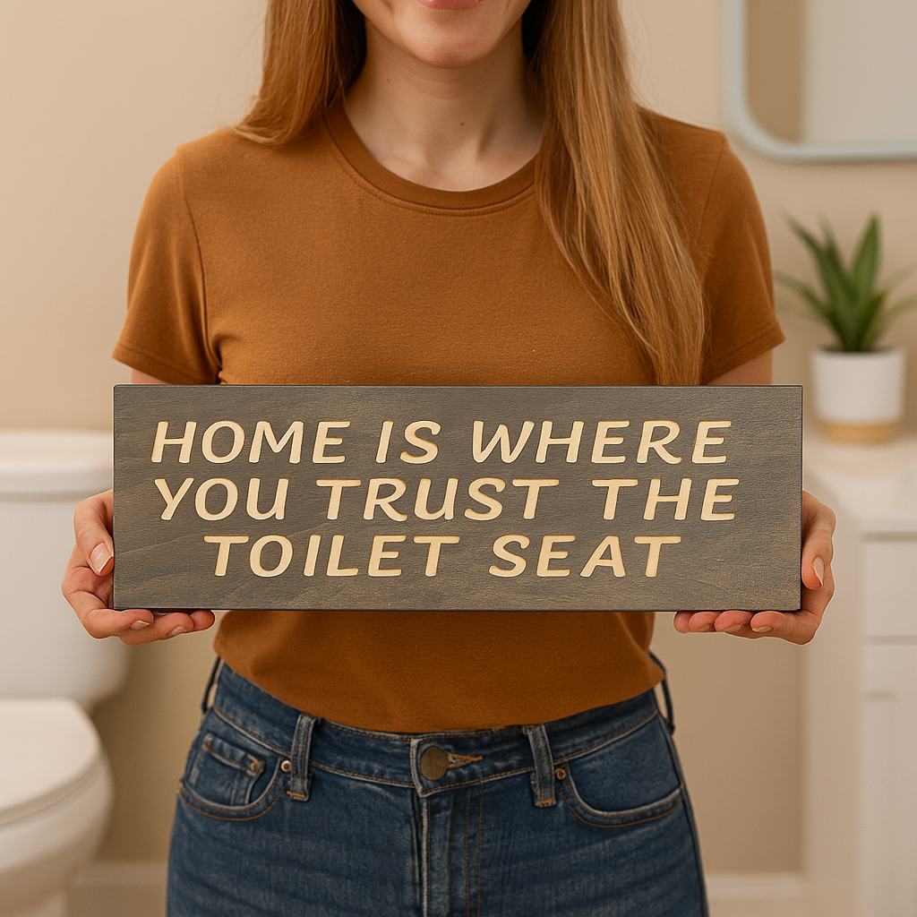 Woman holding funny wooden bathroom sign – “Home Is Where You Trust the Toilet Seat” – size reference photo.