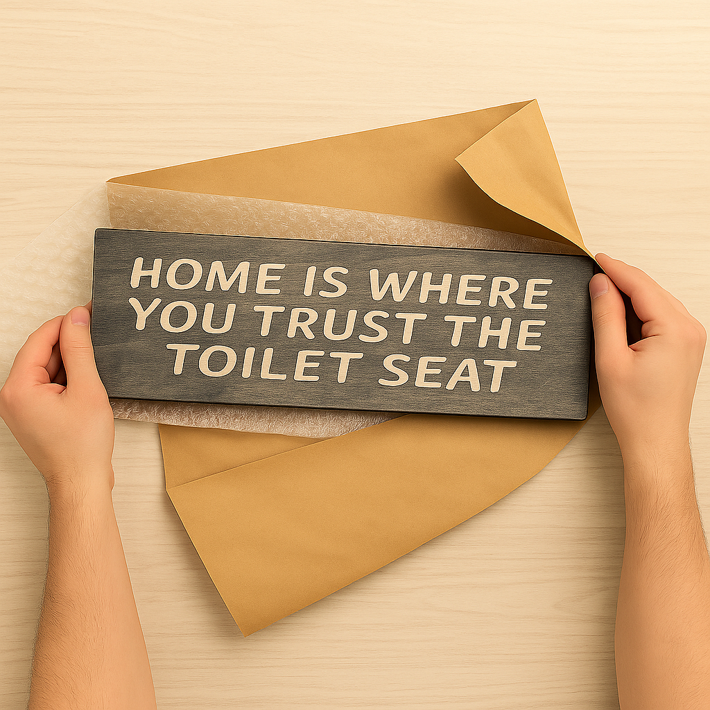 Handmade wooden bathroom sign being unwrapped from brown paper – rustic gift-ready packaging.