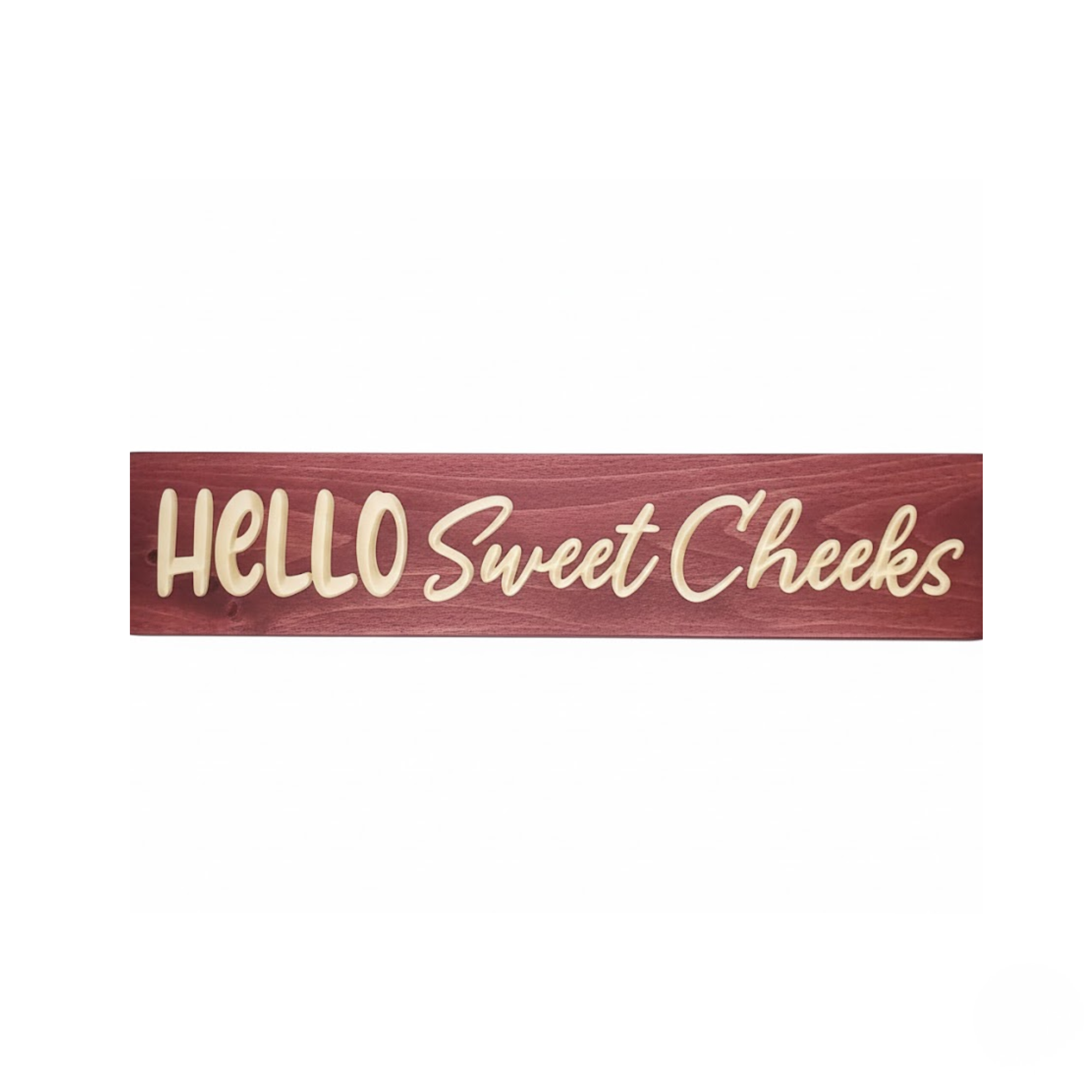Handcrafted Hello Sweet Cheeks carved wood bathroom sign in Barn Red finish by Bluegrass Gifts.
