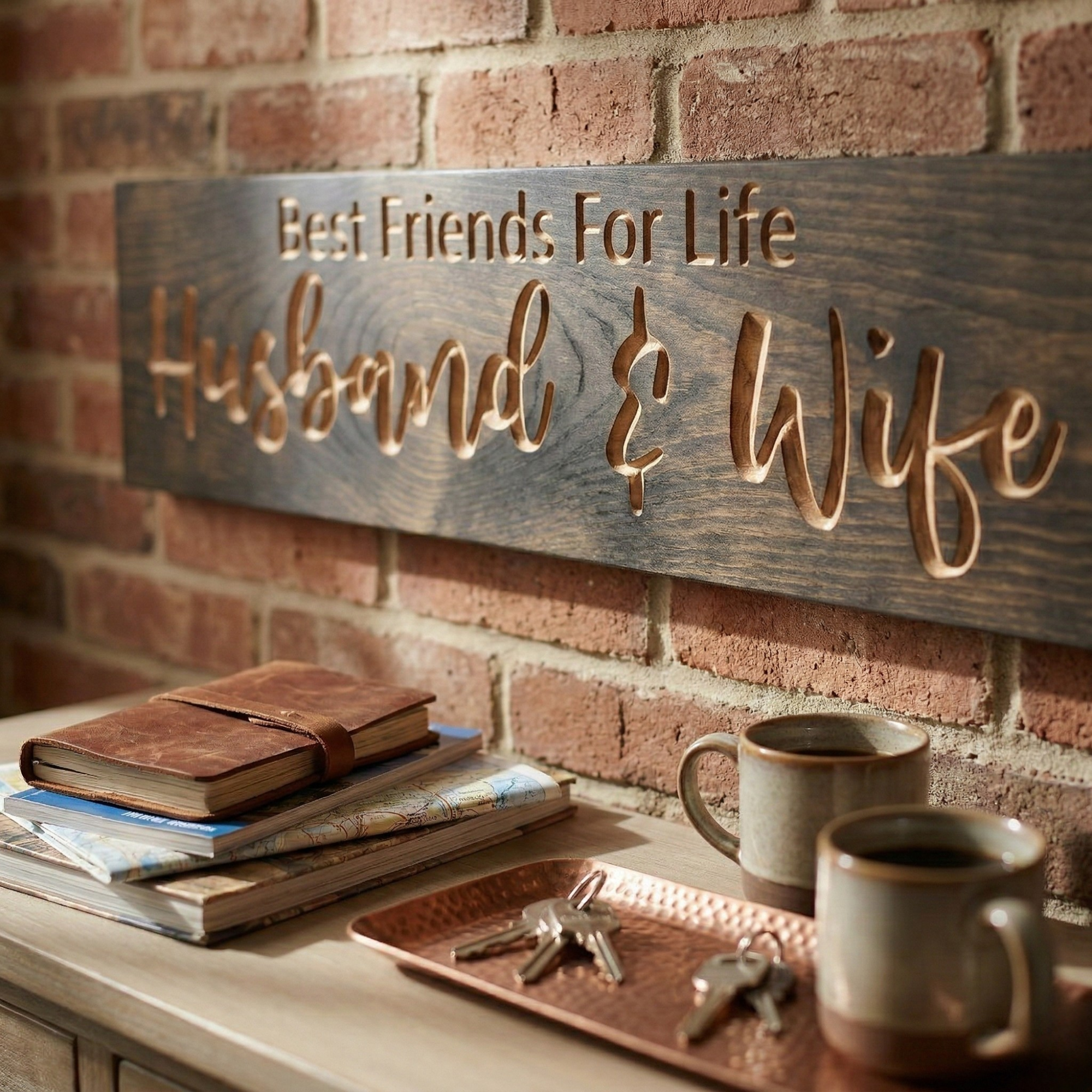 Handcrafted Kentucky wood sign reading "Best Friends For Life Husband & Wife" styled on an entryway table against a rustic brick wall with cozy home accents.