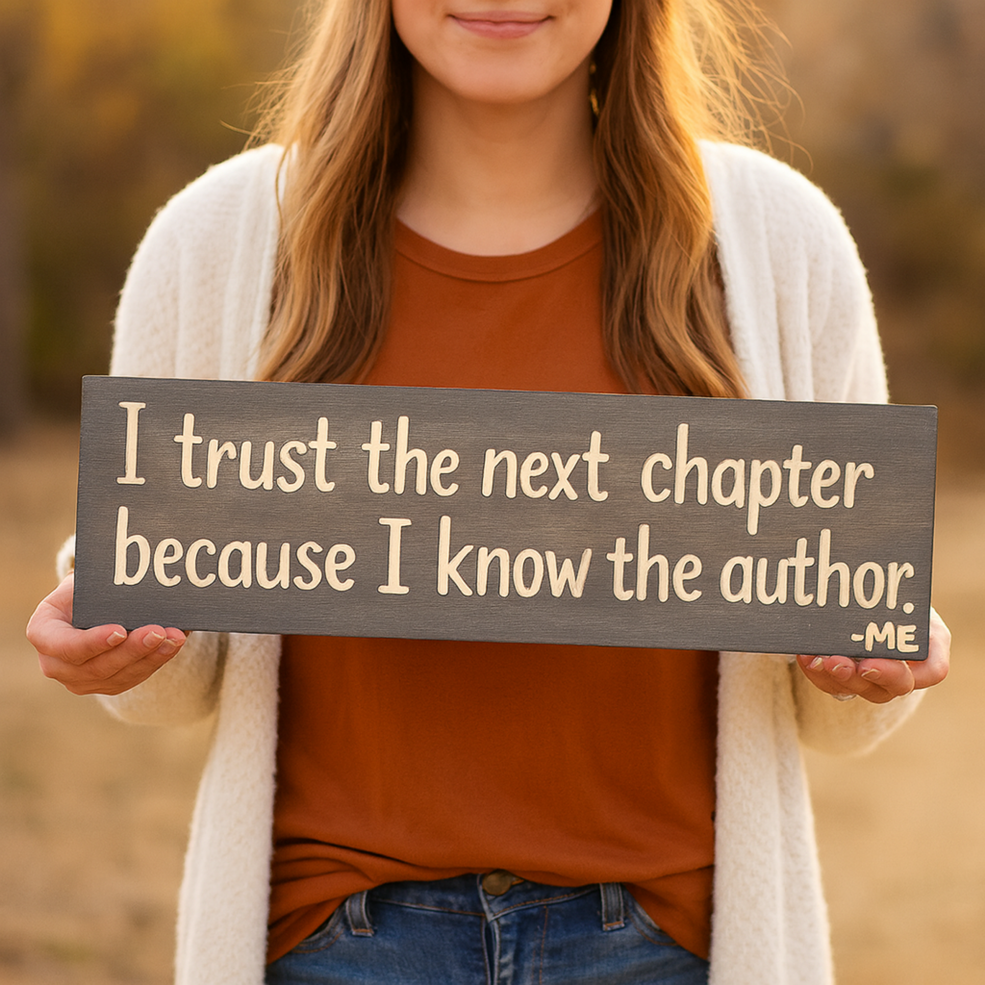 Woman holding inspirational wooden wall sign “I Trust the Next Chapter Because I Know the Author – Me,” rustic farmhouse décor