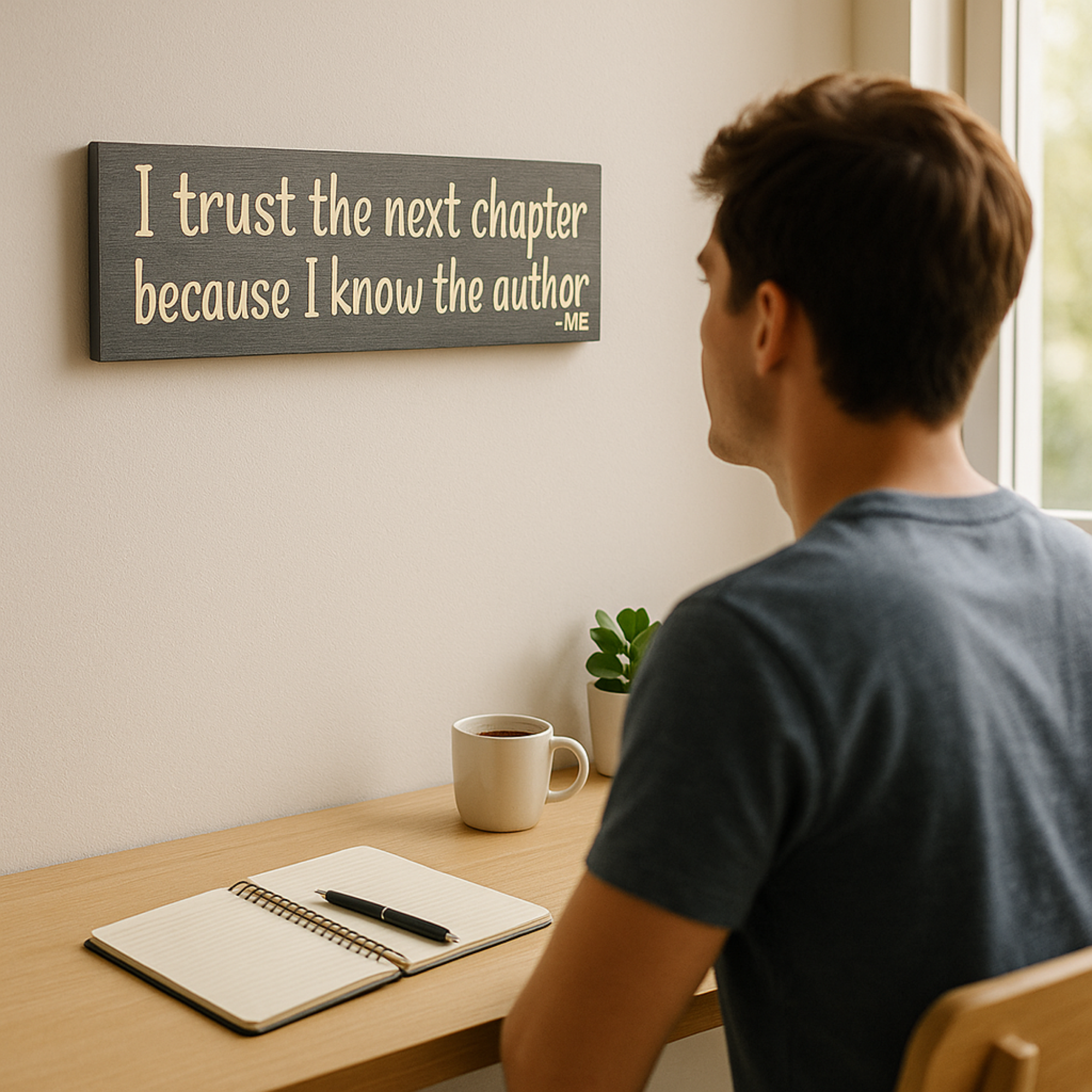 Motivational wooden wall sign “I Trust the Next Chapter” hanging in home office above desk with notebook and coffee cup.