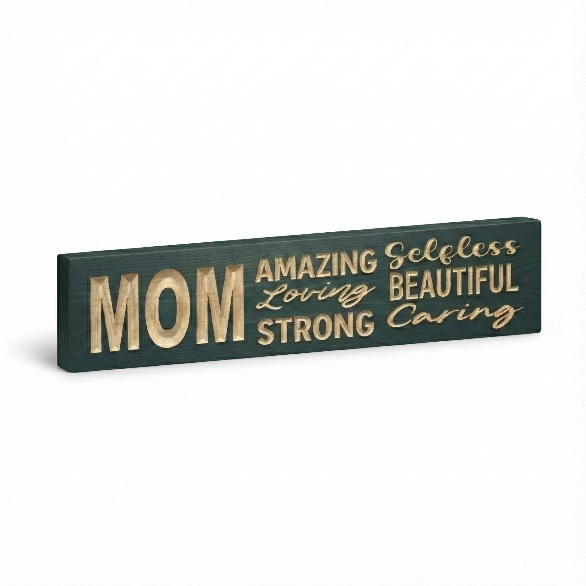 "Angled view of the Bluegrass Gifts 'MOM: Amazing, Loving, Strong, Selfless, Beautiful, Caring' carved wood sign in a deep teal finish, isolated on white."