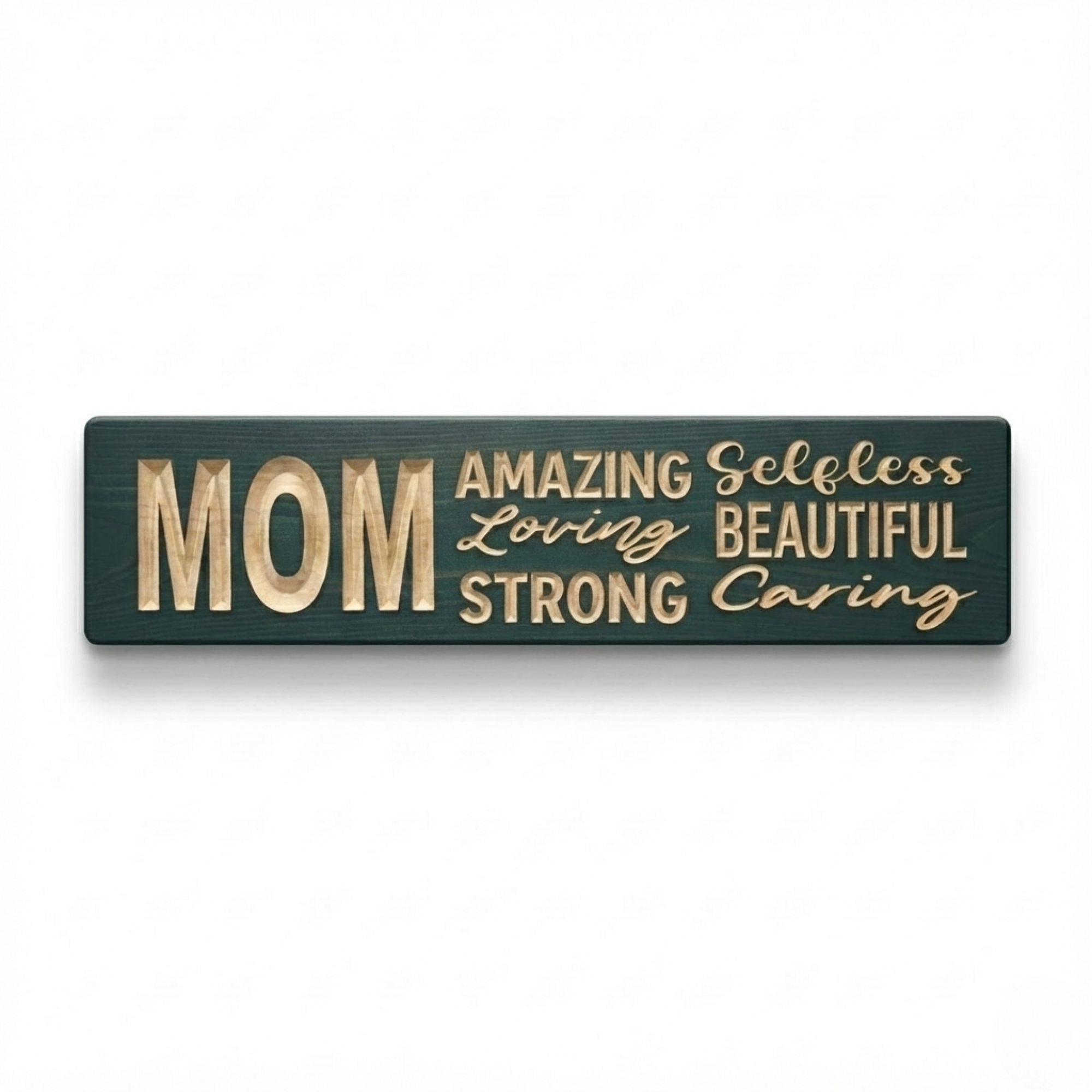 "Front view of the Bluegrass Gifts 'MOM: Amazing, Loving, Strong, Selfless, Beautiful, Caring' carved wood sign in a deep teal finish, isolated on white."