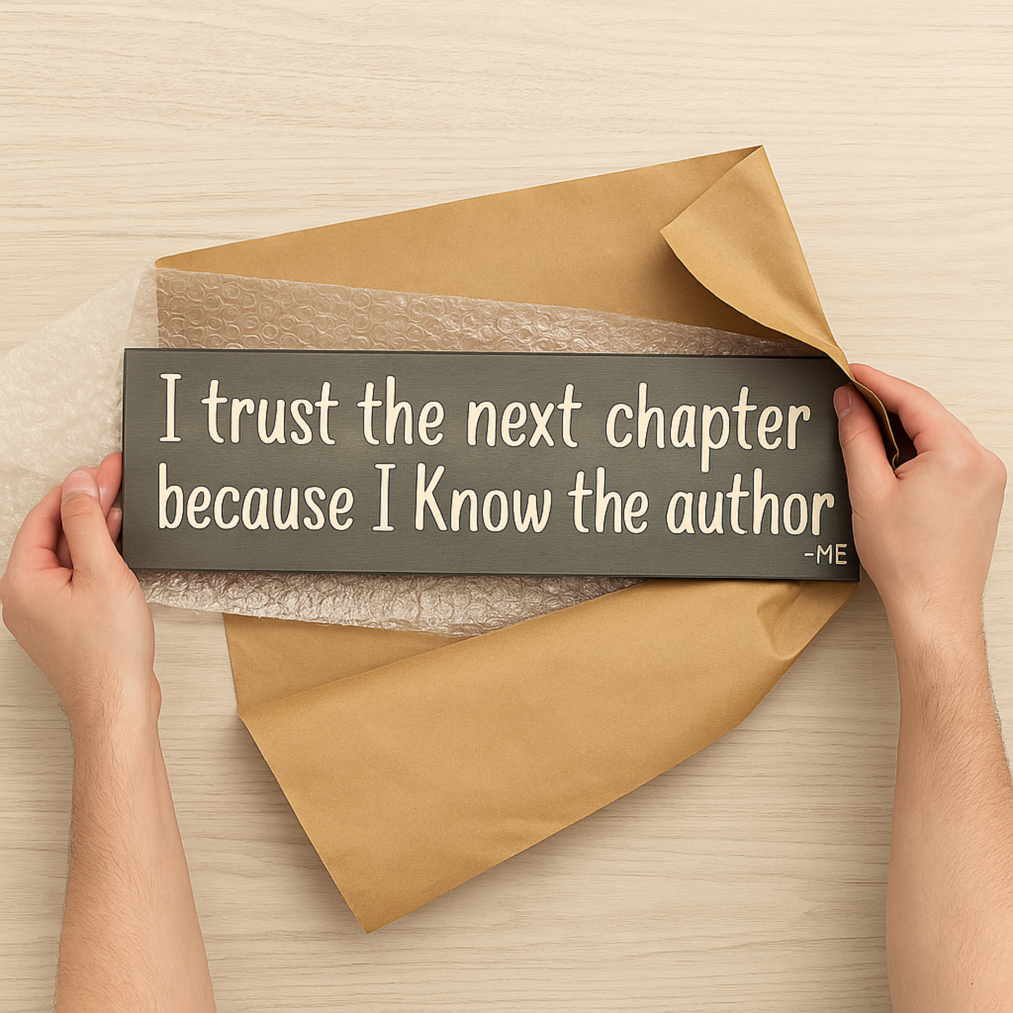 Handcrafted wooden quote sign being unwrapped from packaging paper and bubble wrap, ready to gift