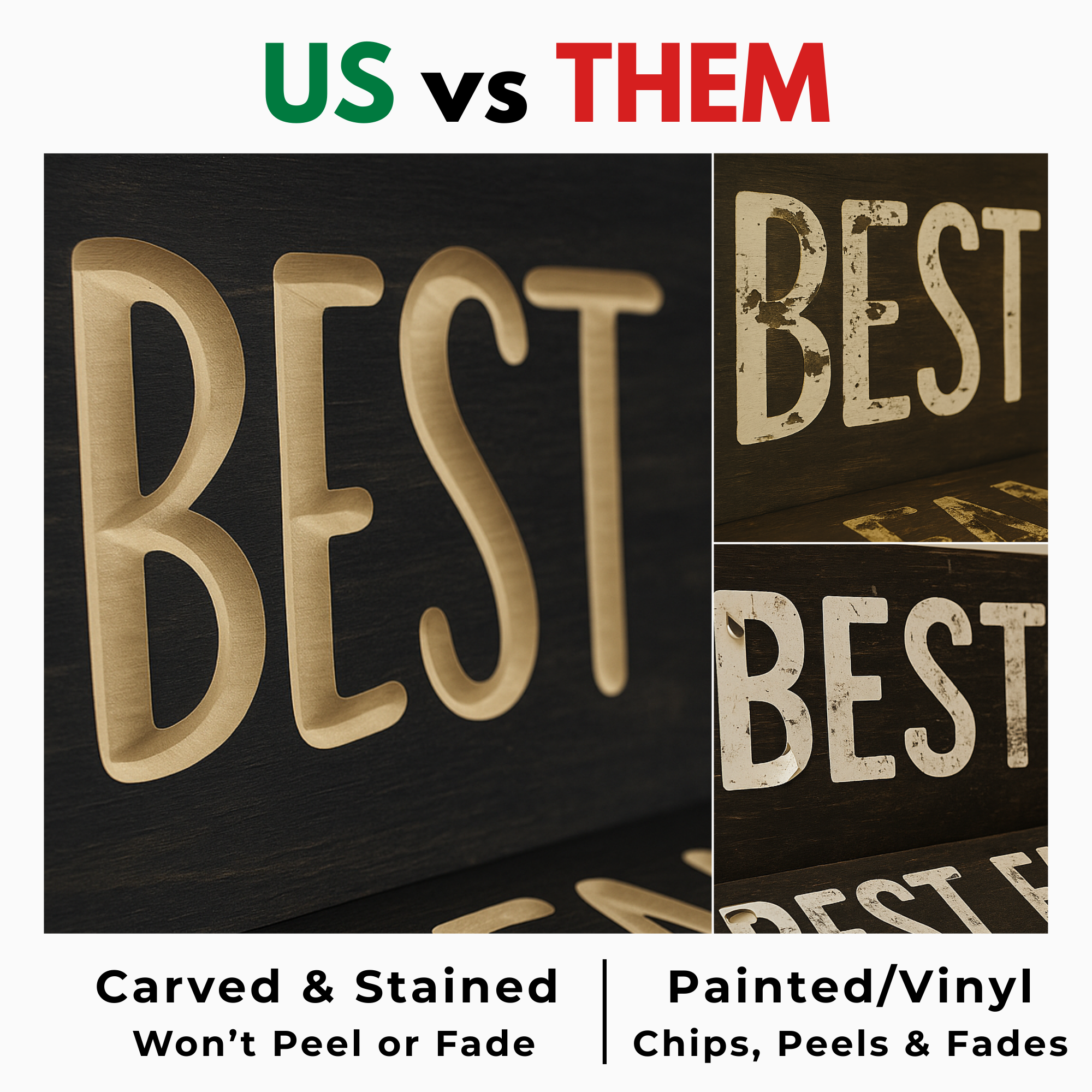 Comparison of Bluegrass Gifts carved & stained wooden signs vs painted/vinyl signs that chip, peel, and fade.