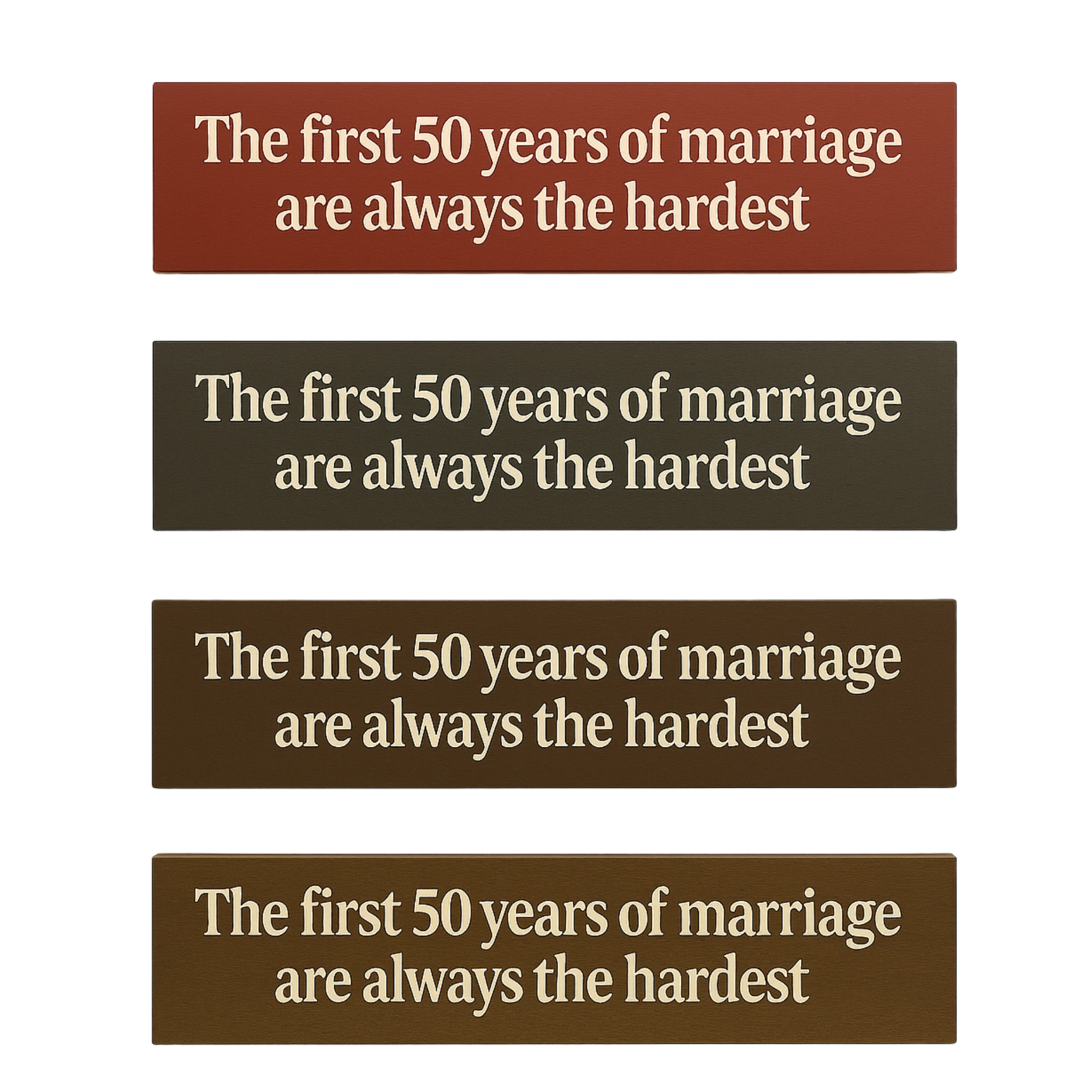 Multiple finish options of 50th anniversary wooden wall sign in rustic colors.
