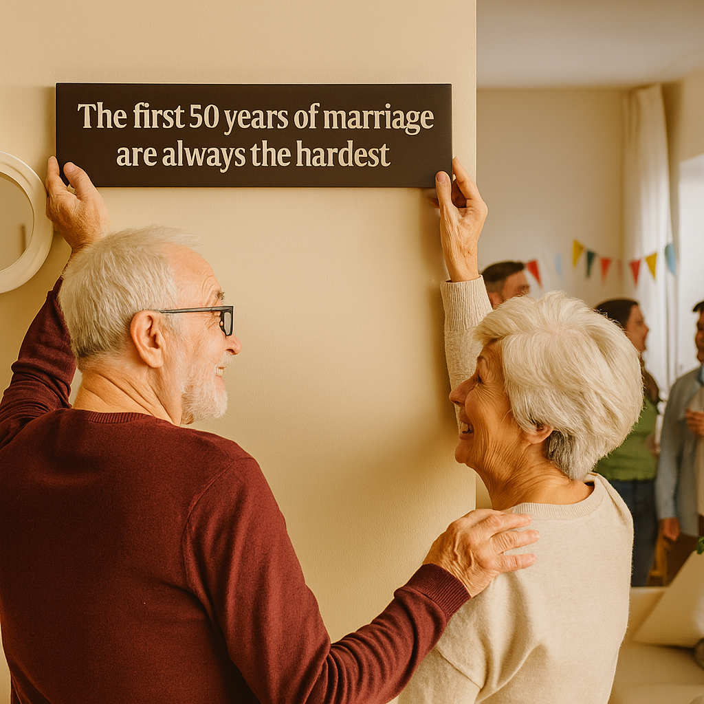 Elderly couple hanging wooden anniversary sign on wall during family gathering.