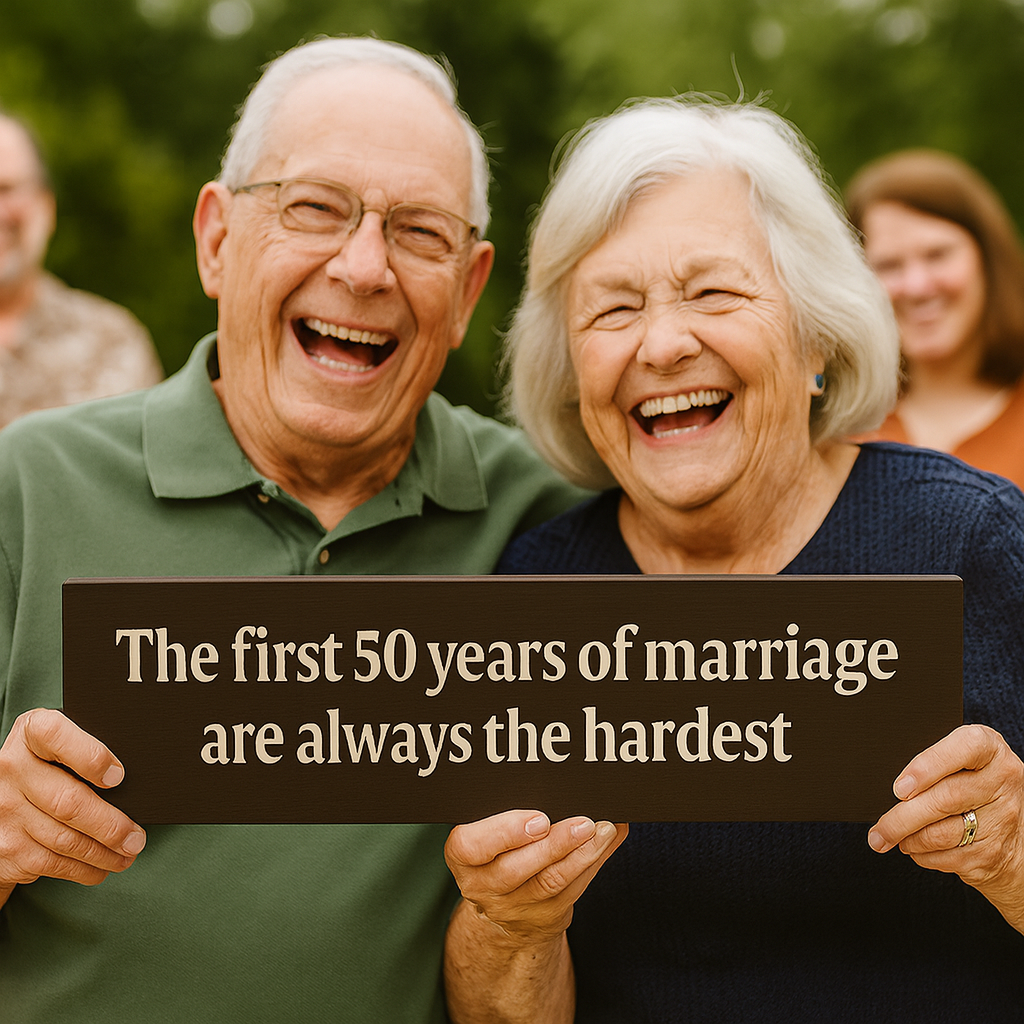 Happy elderly couple holding 50th anniversary sign outside with family in background.