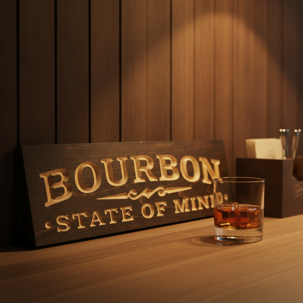 Tavern Sign — Bourbon State Of Mind Carved Wood — styled in room — Bluegrass Gifts