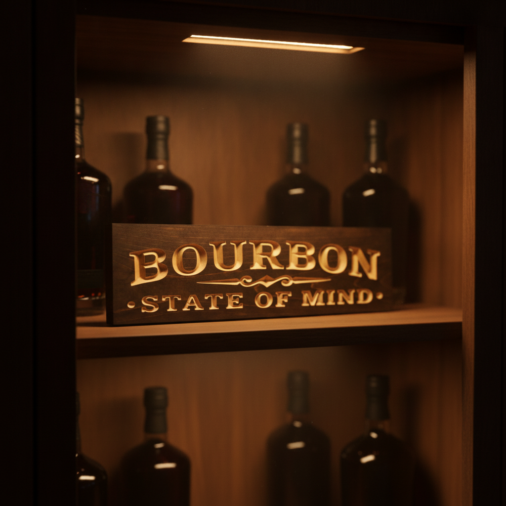 Tavern Sign — Bourbon State Of Mind Carved Wood — product details — Bluegrass Gifts