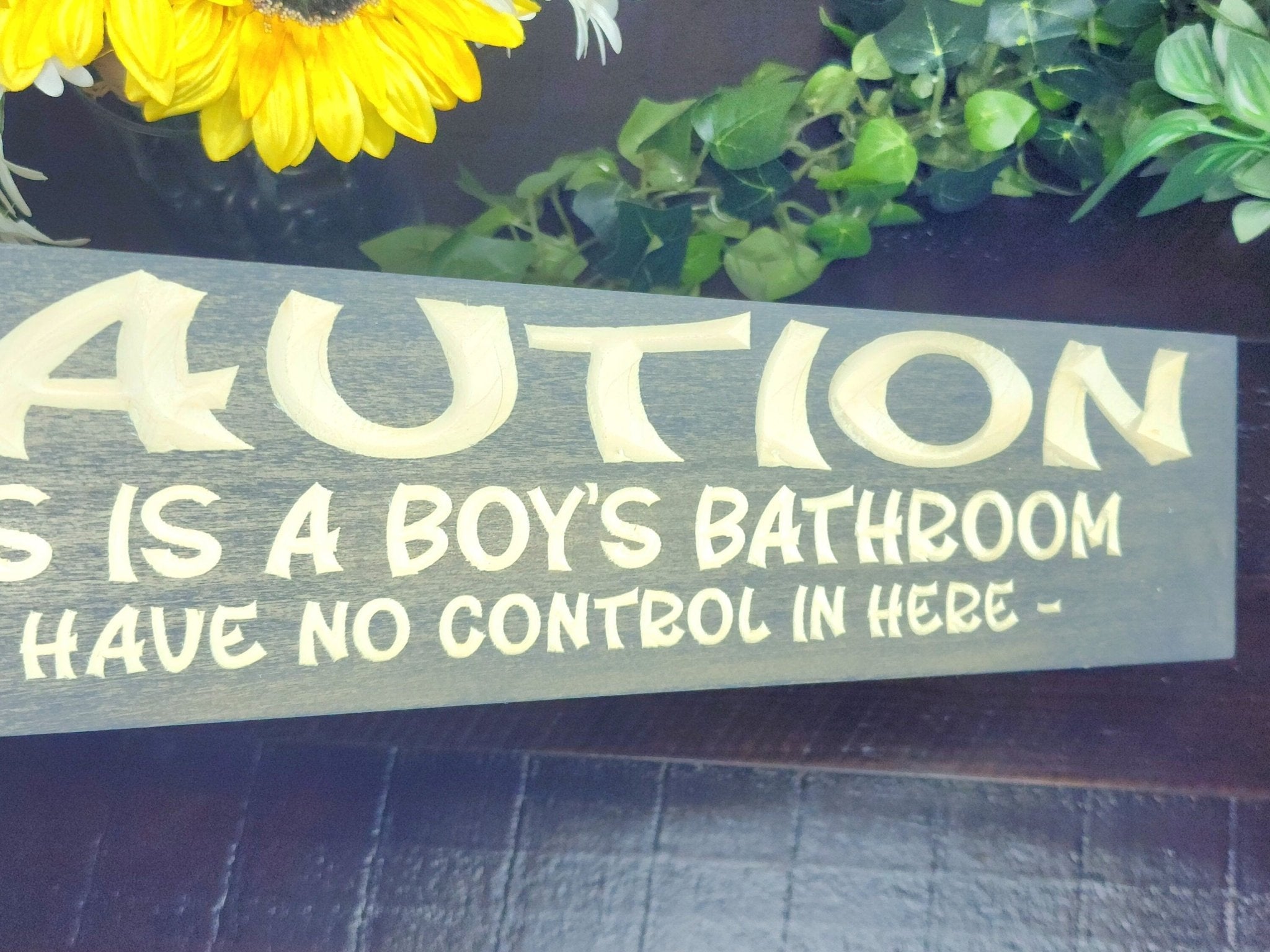 boys bathroom no control in here wood sign - funny bathroom sign - CNC-carved by Bluegrass Gifts