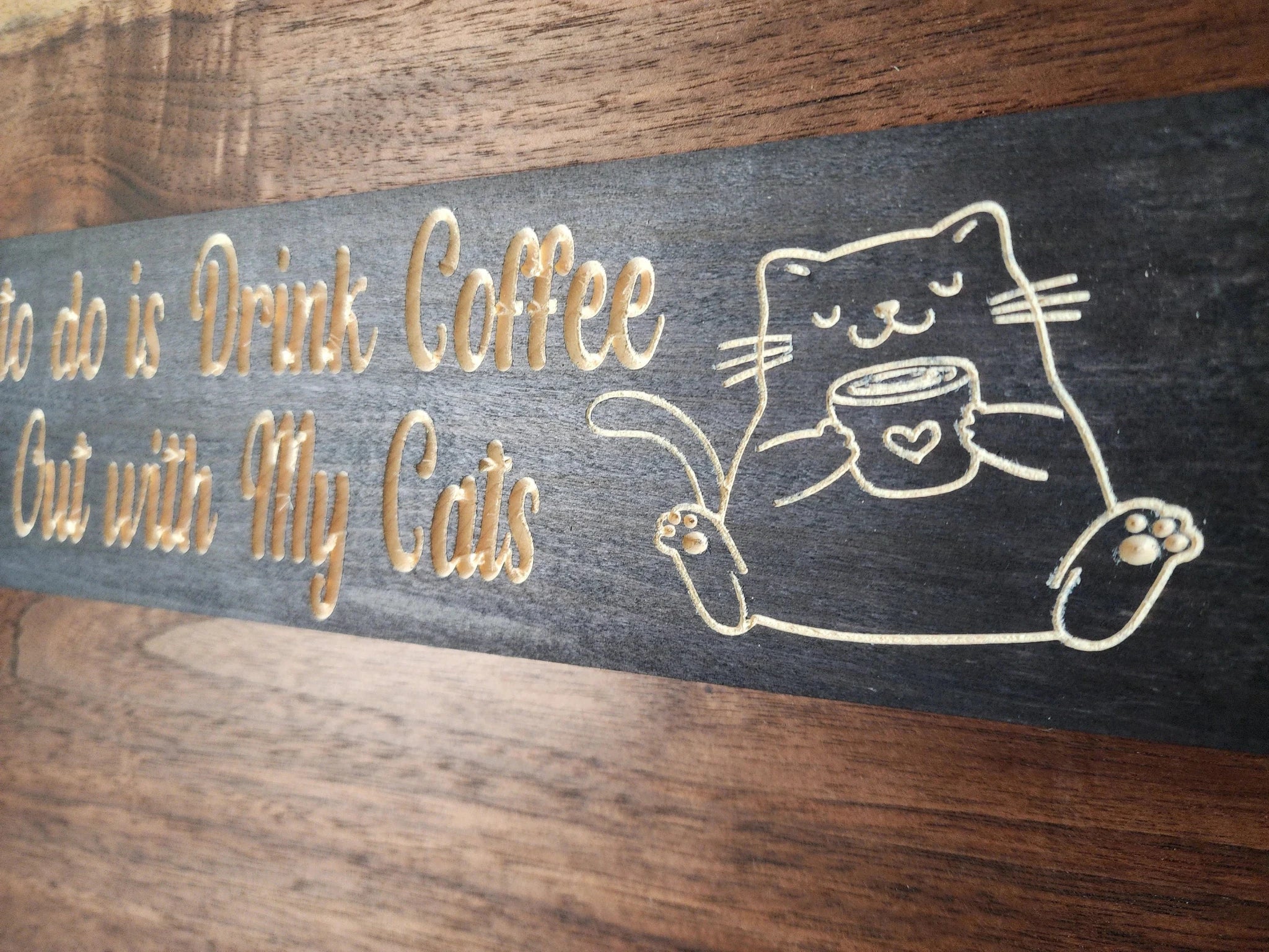 caffeinated whiskers cat coffee wood sign - funny kitchen sign - CNC-carved by Bluegrass Gifts