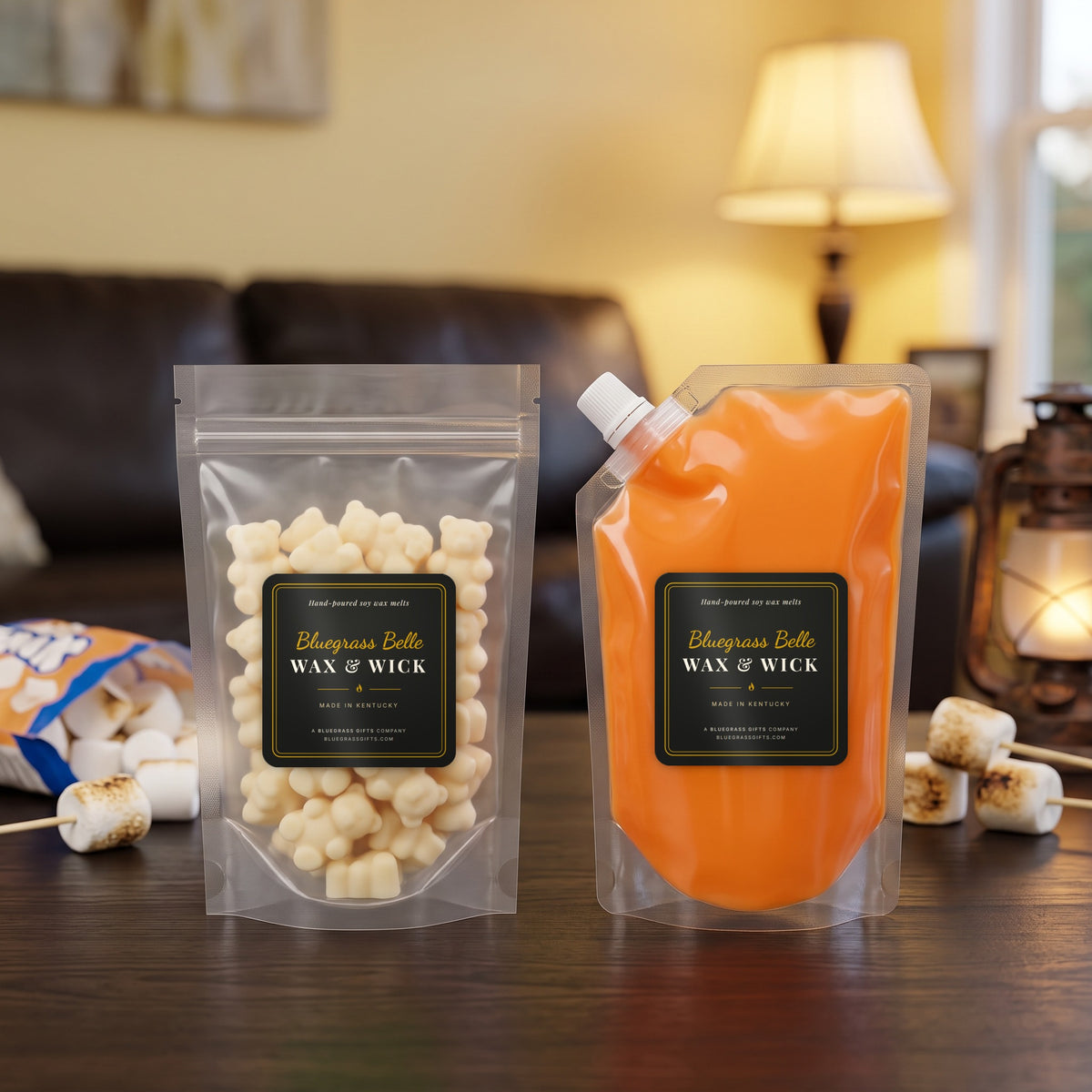 Campfire Stories squeeze wax melt pouch and wax melt tarts by Bluegrass Belle Wax & Wick
