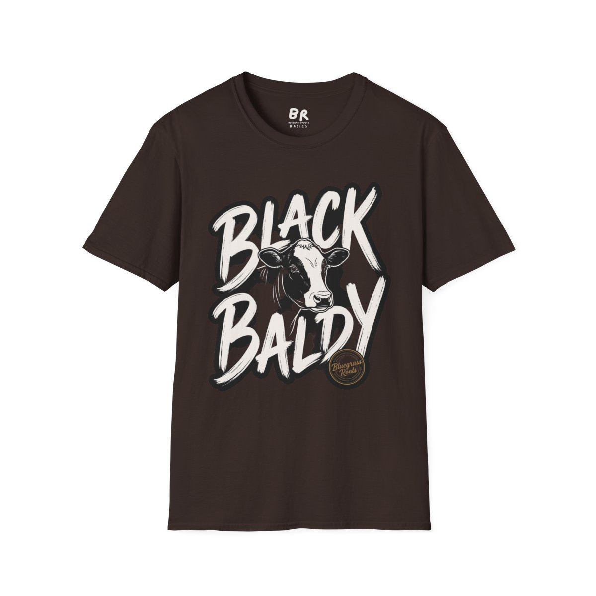 A dark brown Cattle Shirt - Black Baldy with a cow graphic, displayed flat on a white background, front view