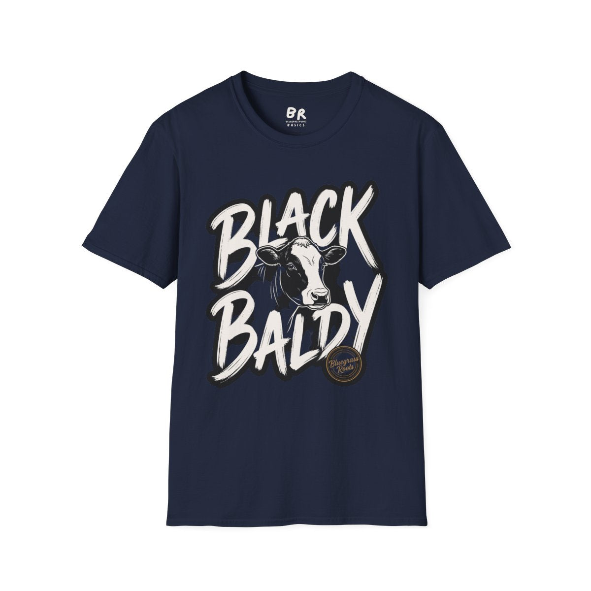 Front view of a navy blue "Cattle Shirt - Black Baldy" tee, laid flat against a white background