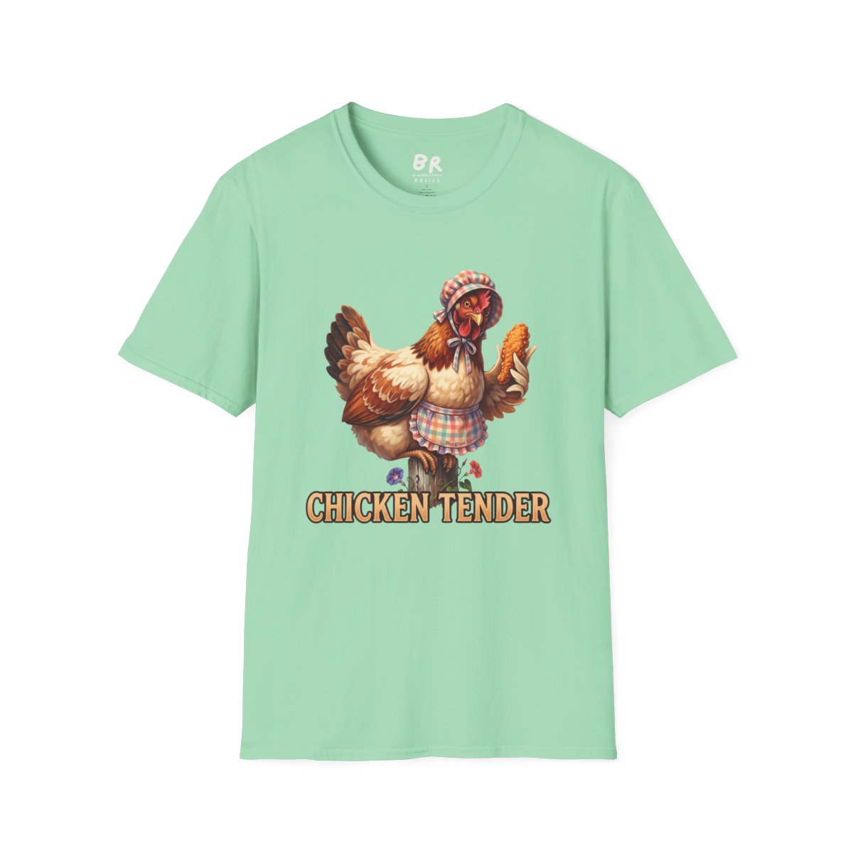 A mint green Chicken T Shirt - Chicken Tender is displayed flat, showing the front with the comical hen design