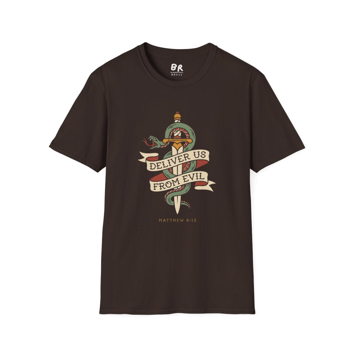 Christian Graphic Tee — "Deliver Us From Evil" Tattoo Shirt in Dark Chocolate