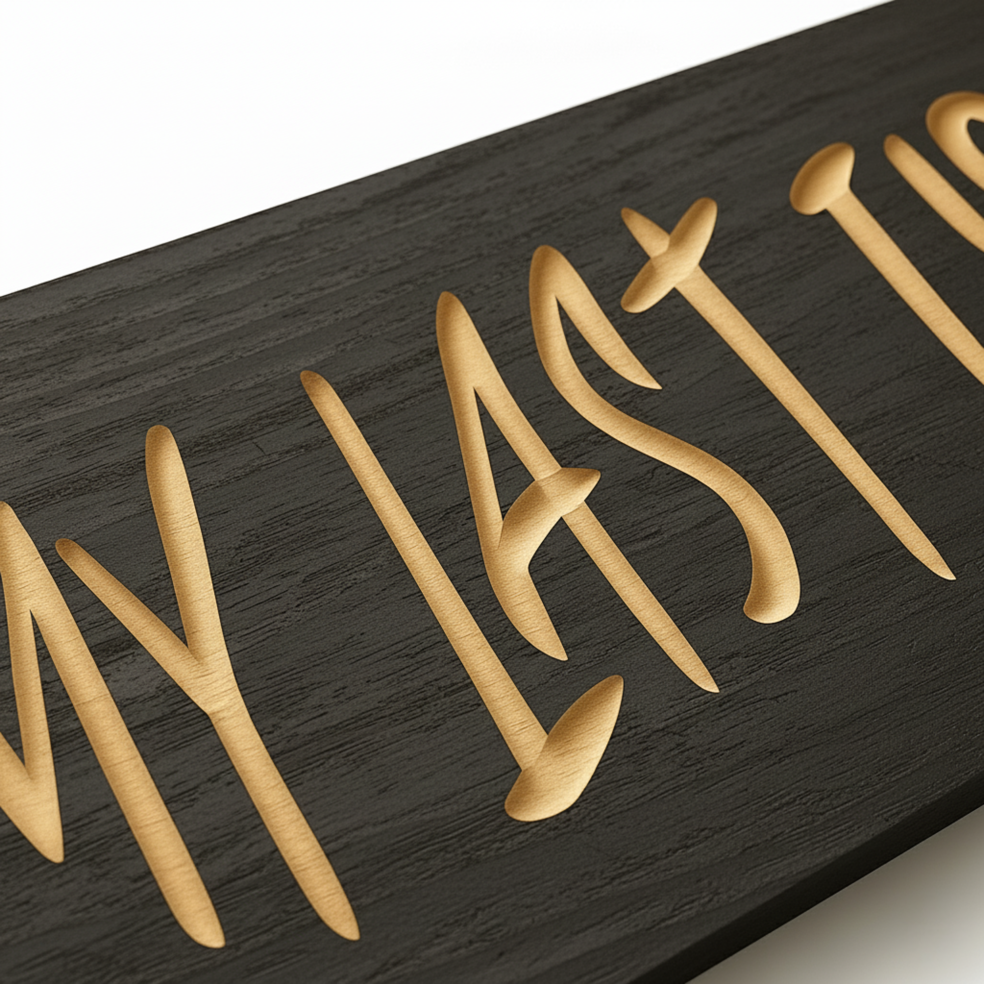 Close-up of V-carved lettering on the “You’re My Last First Kiss” solid wood sign, showing depth and craftsmanship.