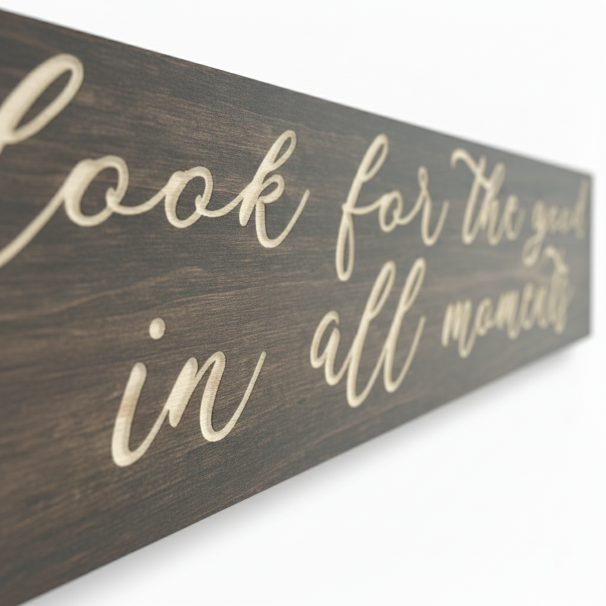 Macro close-up showing the high-quality CNC-carved depth and natural wood grain on a Bluegrass Gifts inspirational sign.