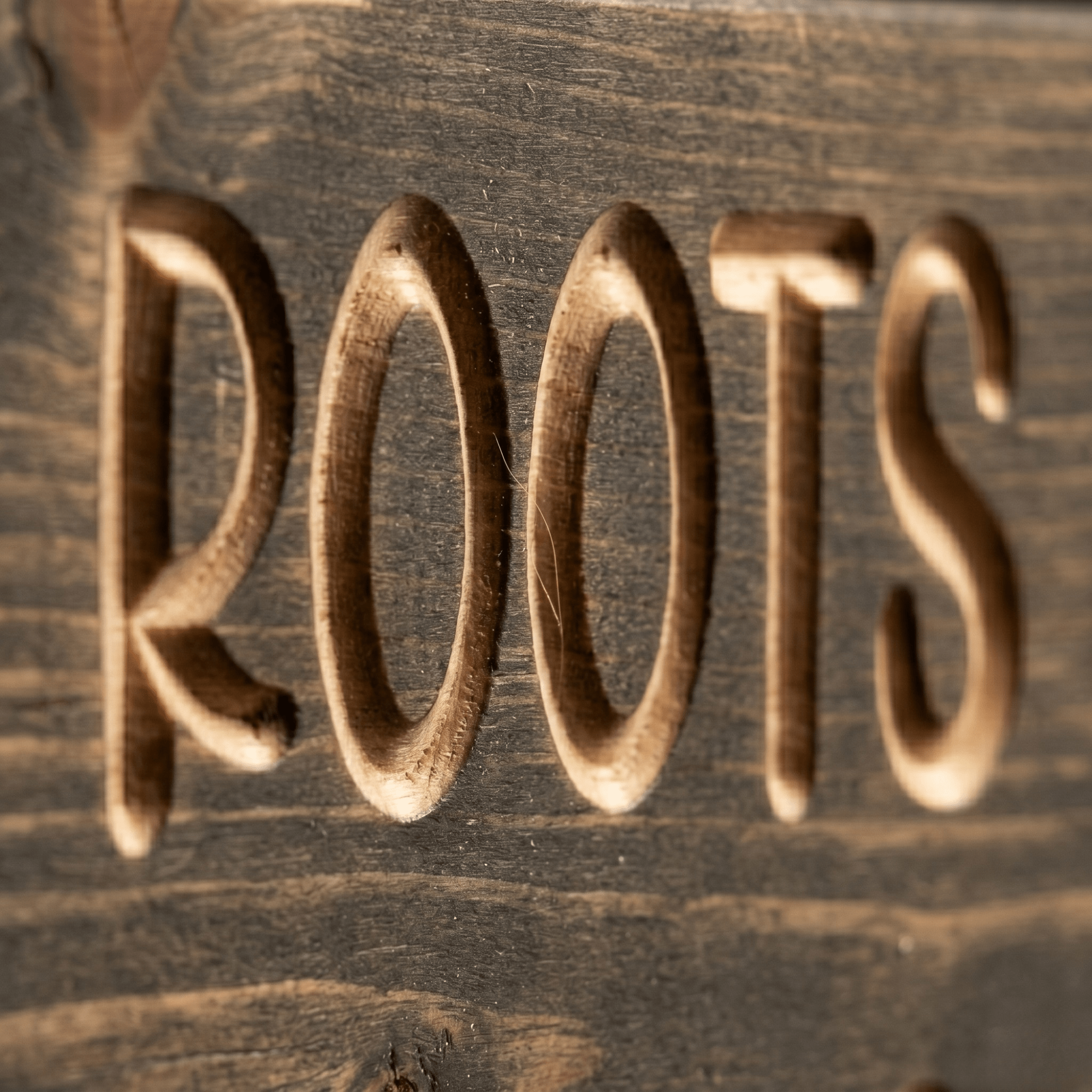 Close-up macro shot of deep CNC-carved ROOTS lettering on solid pine inspirational wood sign showing natural grain and dimensional texture