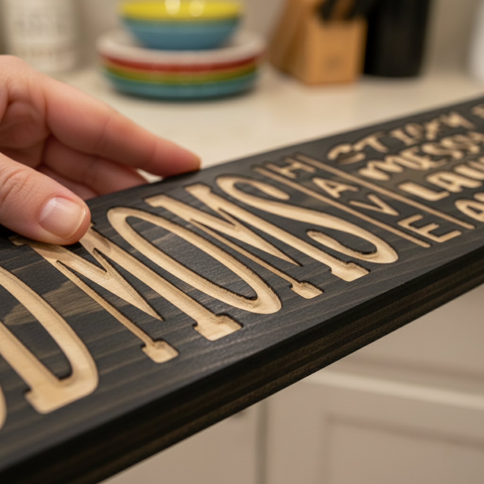 Close-up of the deep-relief CNC carving on a solid wood sign showing the quality craftsmanship of Bluegrass Gifts.
