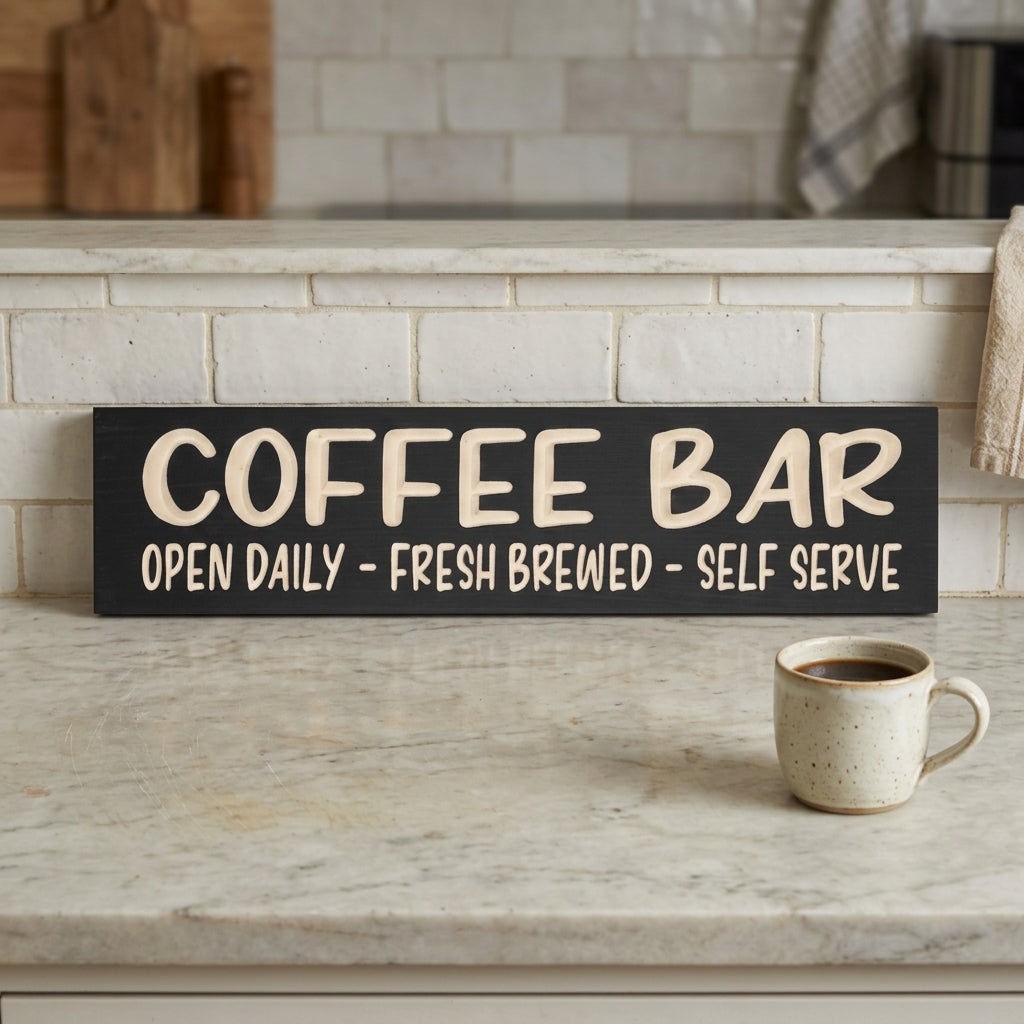 Coffee Station Sign — Coffee Bar Open Daily | Carved Wood