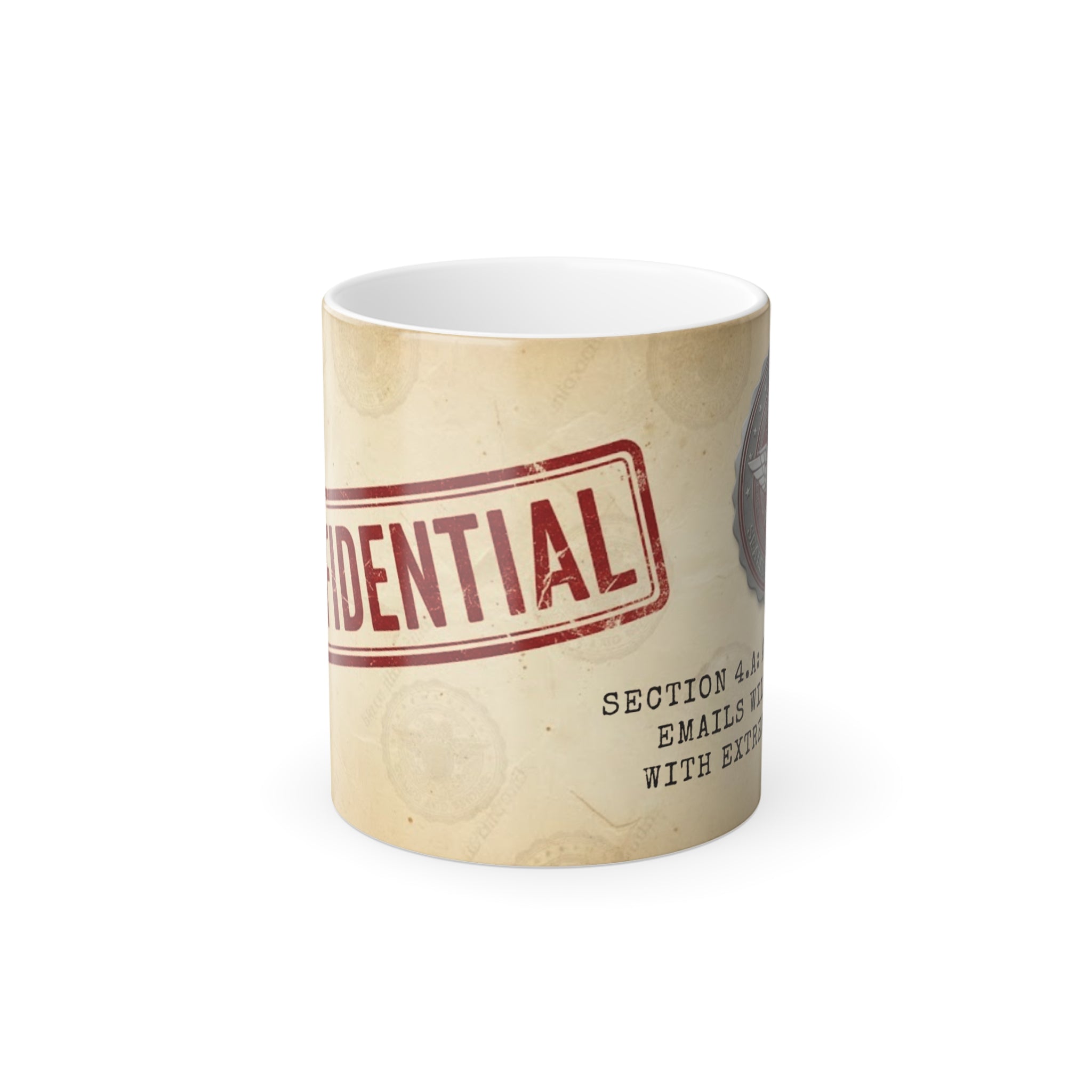 Angled view of the color-changing mug highlighting 'CONFIDENTIAL' stamp and 'Section 4.A' text on vintage paper background.