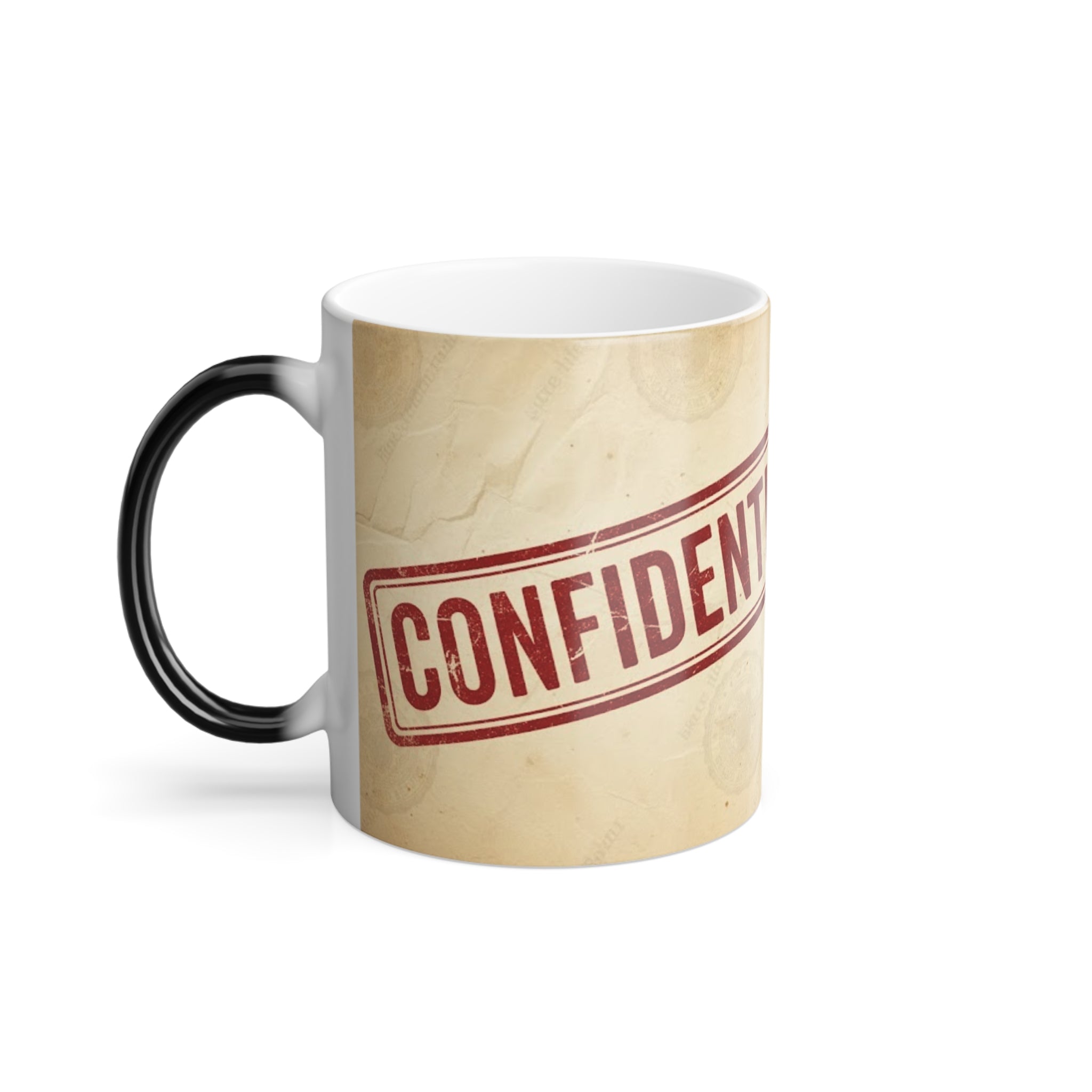 Close-up of the magic mug displaying a red 'CONFIDENTIAL' stamp on its vintage-style heat-reveal surface.