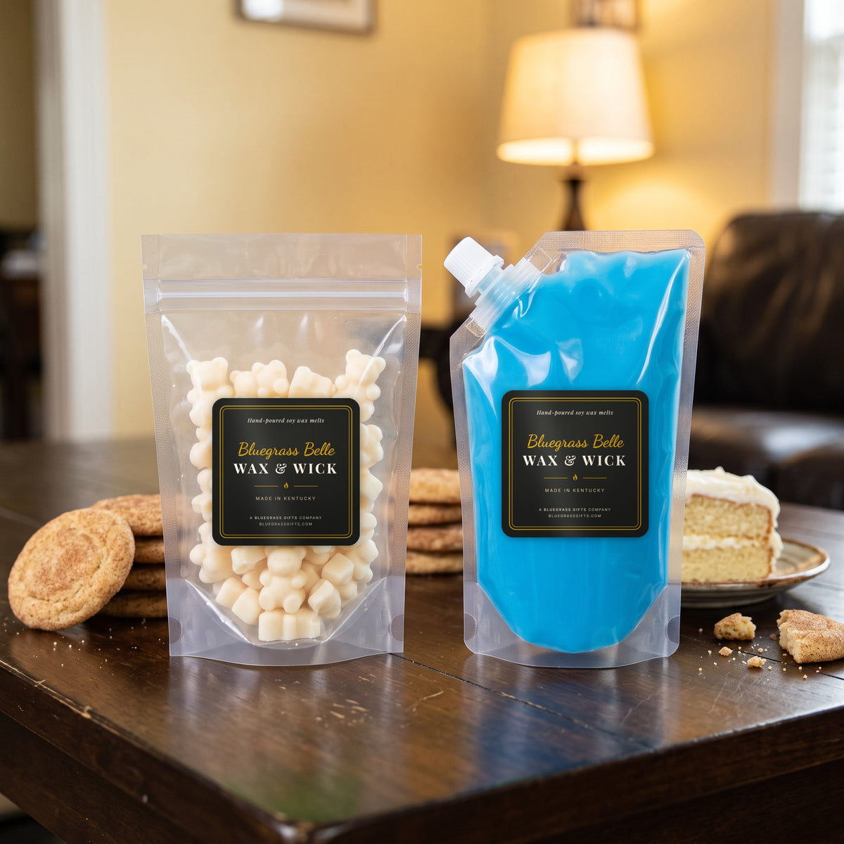 Cookie Crumble Blues squeeze wax melt pouch and wax melt tarts by Bluegrass Belle Wax & Wick