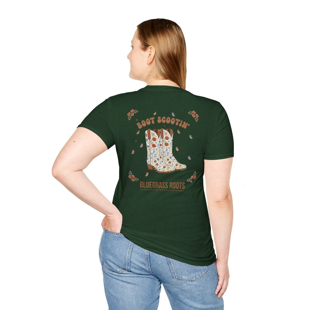 Country Concert Shirt — "Boot Scootin'" Western Boho Tee in Forest Green