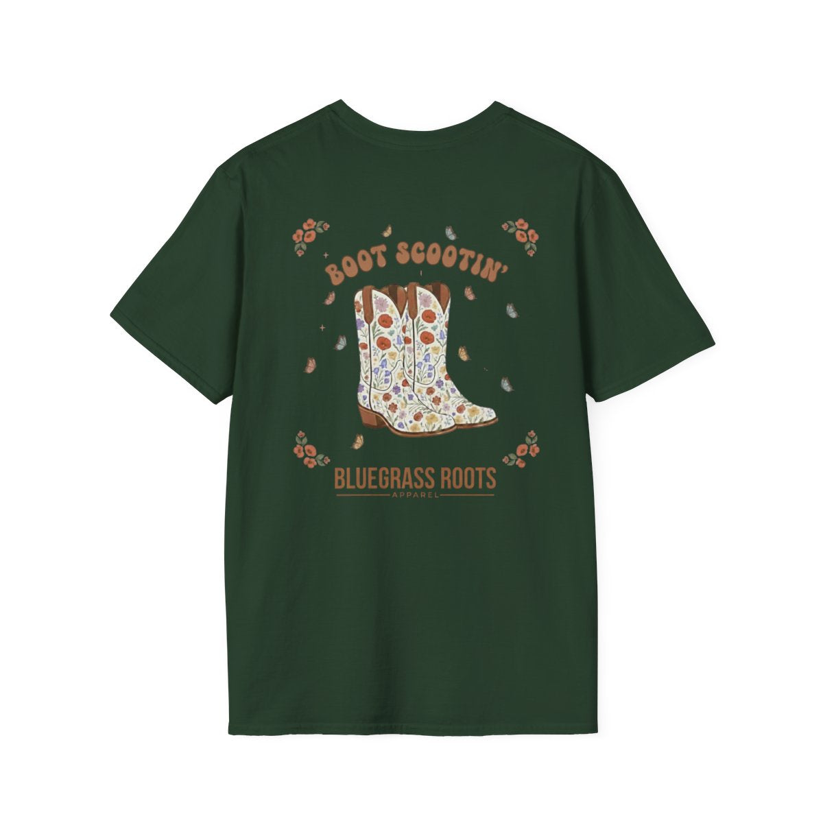 Country Concert Shirt — "Boot Scootin'" Western Boho Tee in Forest Green