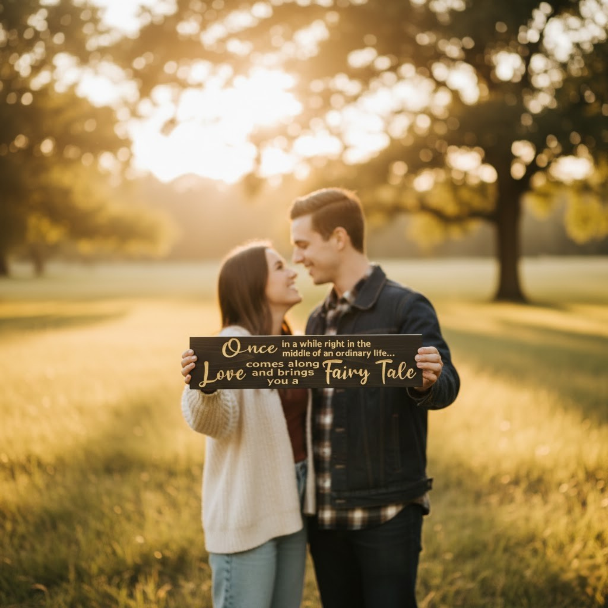 Couple holding “Once in a while… love brings you a fairy tale” wooden sign outdoors at sunset — romantic handmade anniversary or wedding photo prop.