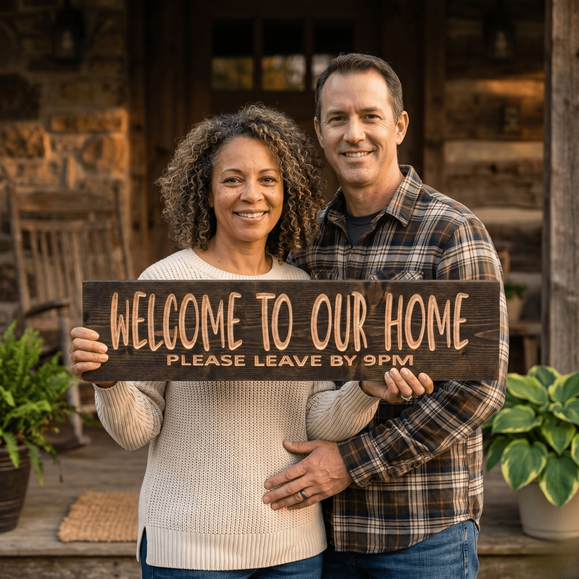 Couple holding handmade Welcome to Our Home Please Leave by 9PM funny wood sign on Kentucky front porch — perfect housewarming gift