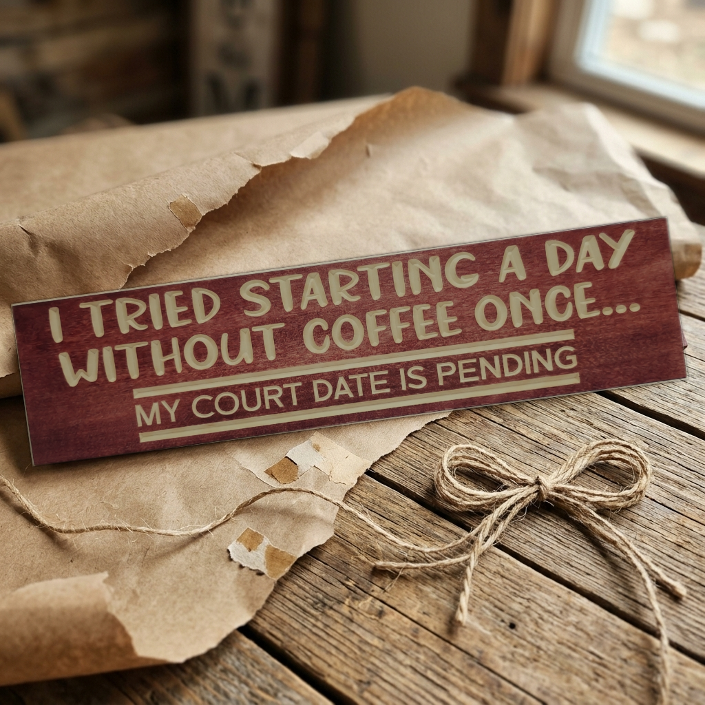 The carved wood Coffee Sign resting on crumpled brown paper and a rustic wooden surface with a twine bow