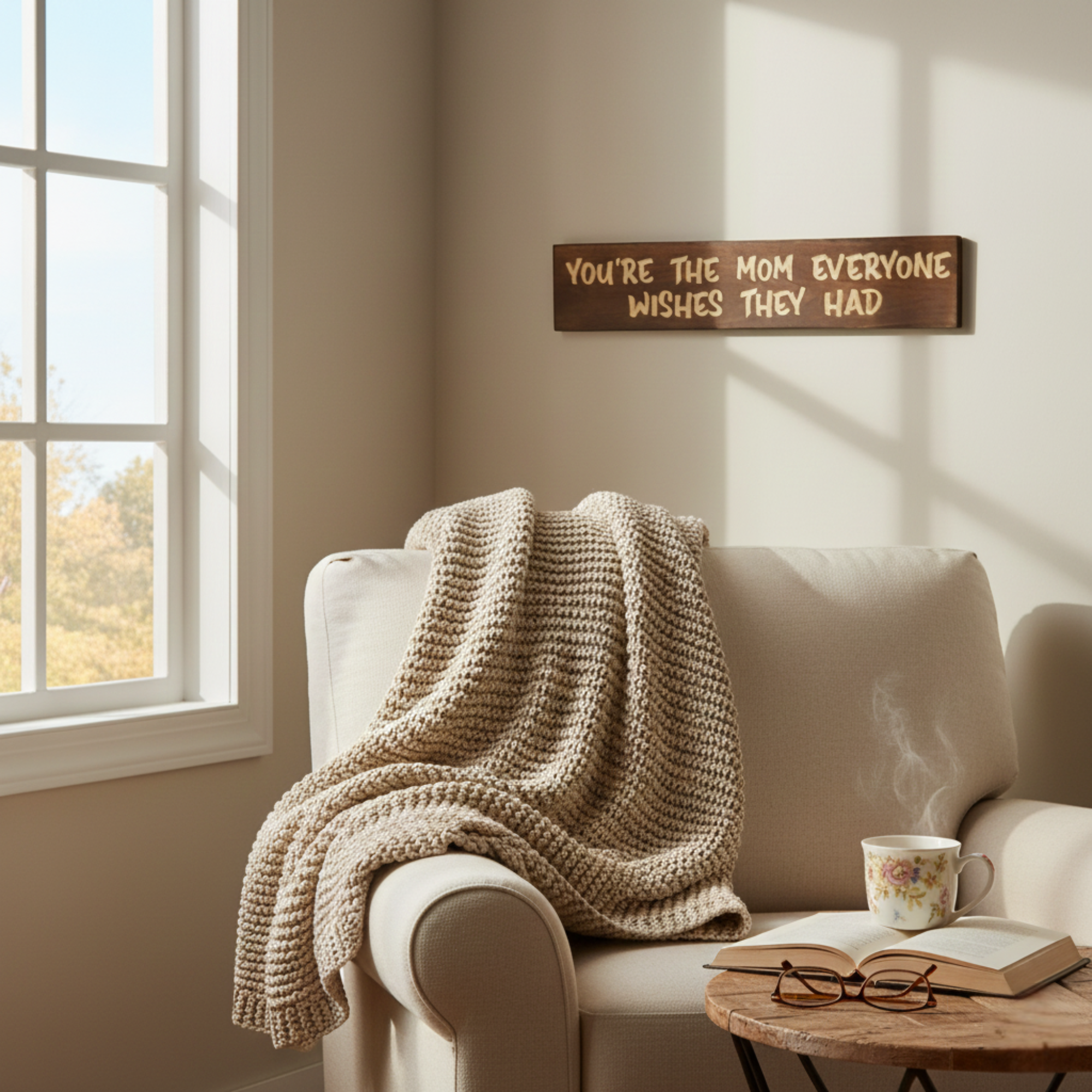 Cozy reading nook featuring a beige armchair and the sentimental mom sign hanging on the wall.