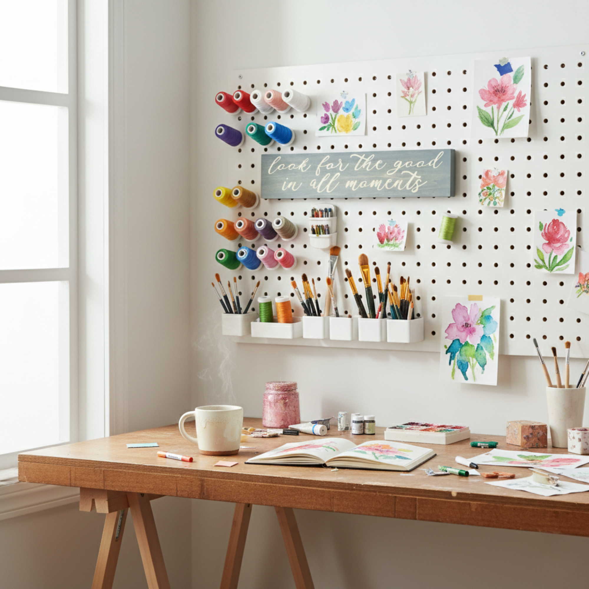 The "Look for the good in all moments" sign used as motivational office decor on a pegboard in a creative art studio.