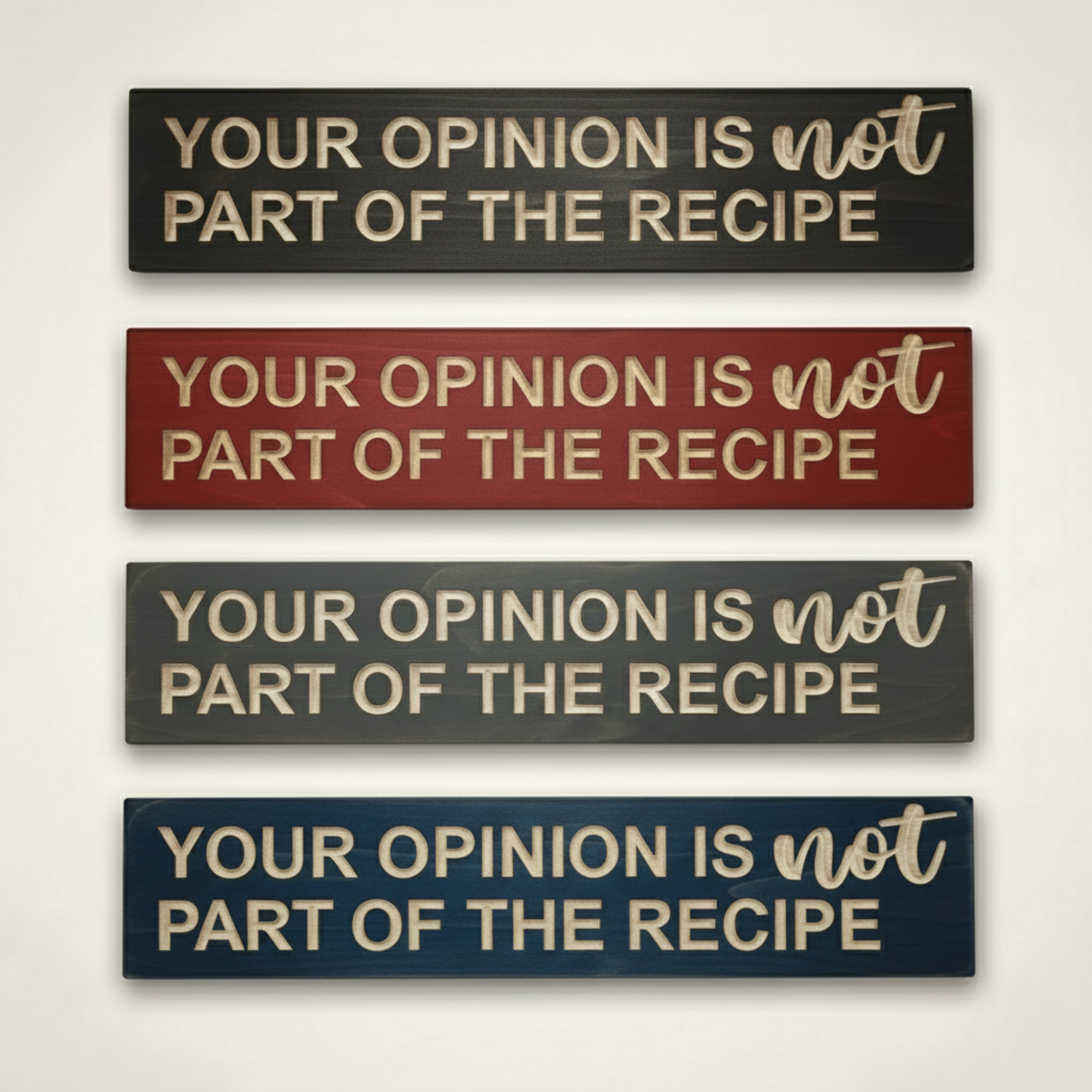 Four wooden kitchen signs in different stain finishes: Ebony, Barn Red, Weathered Gray, and Midnight Blue.