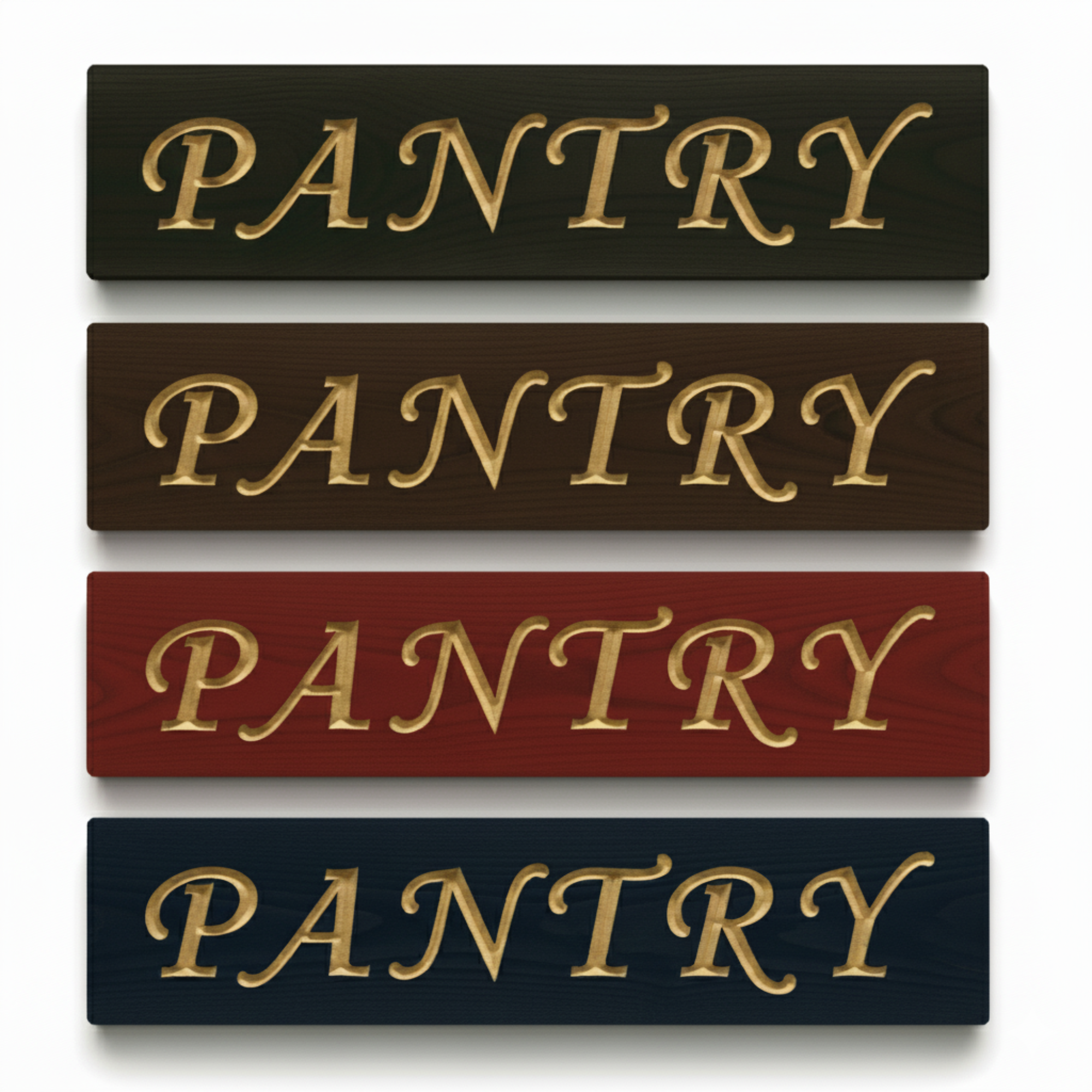 Four carved wooden pantry signs stacked to show available custom color finishes, including black, brown, red, and blue