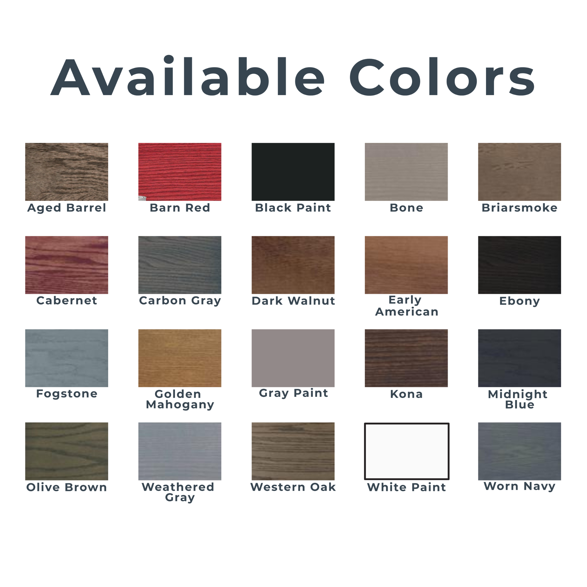 Color swatch chart showing available wood stain and paint finishes for custom signs, including Aged Barrel, Dark Walnut, Barn Red, and Weathered Gray.